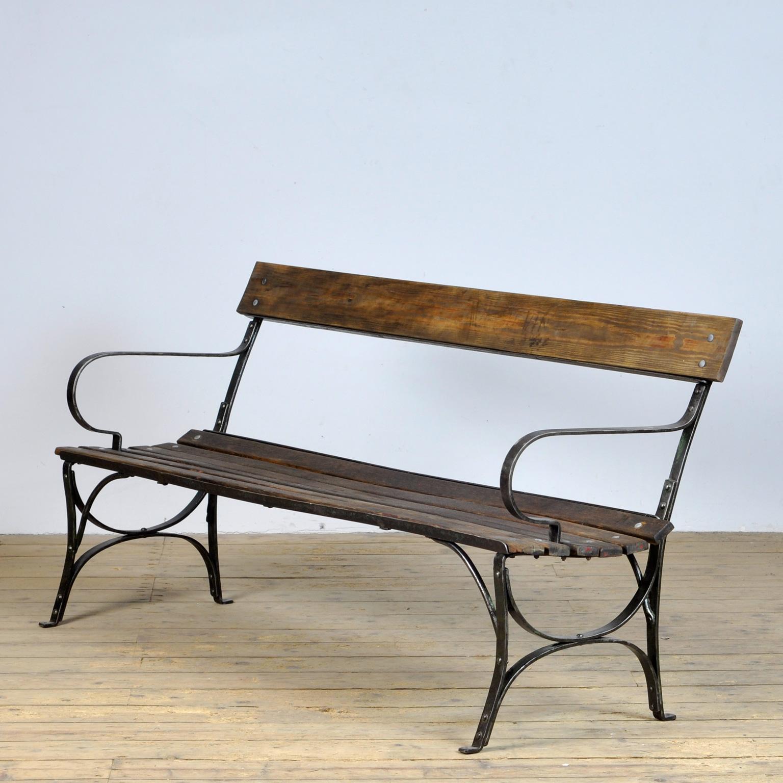 French Riveted Iron Garden Bench, 1920s