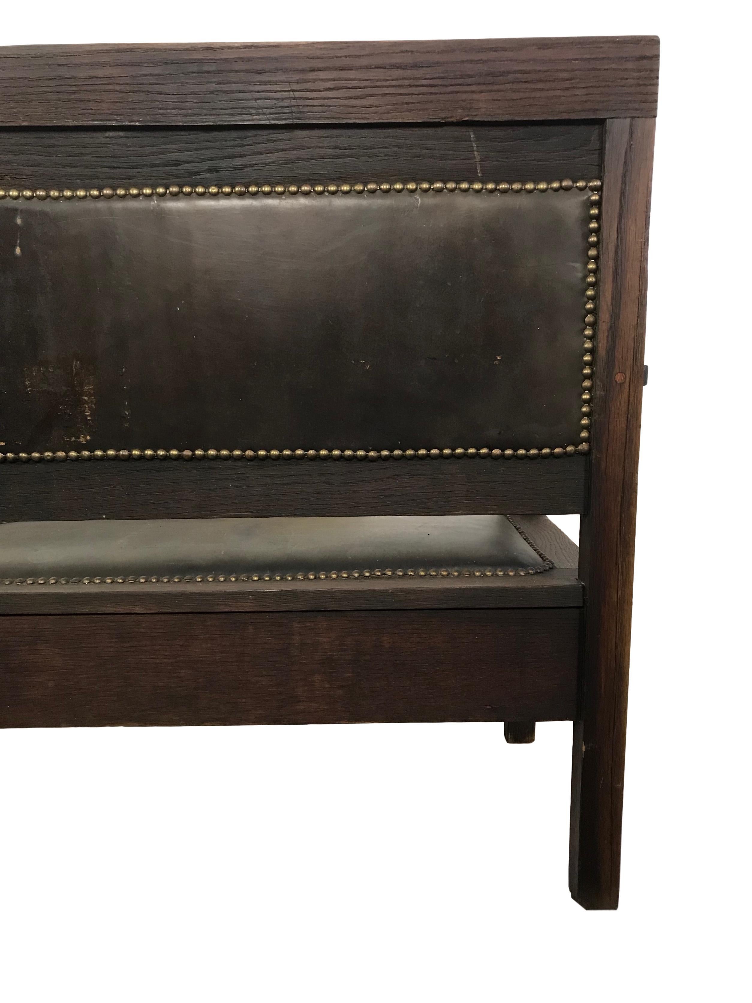 Riveted Leather and Oak Bench from a Railroad Depot 5
