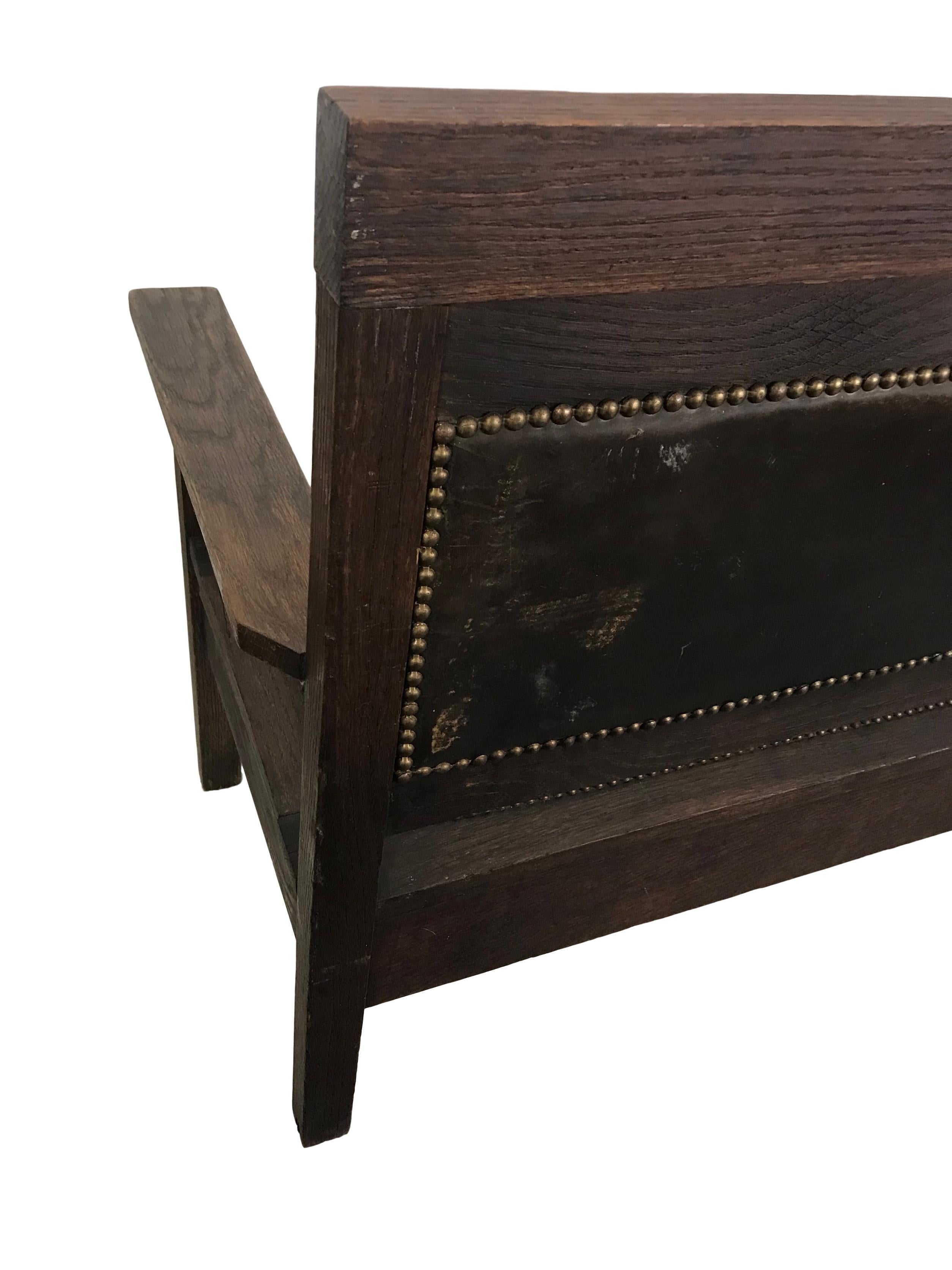 Riveted Leather and Oak Bench from a Railroad Depot 6