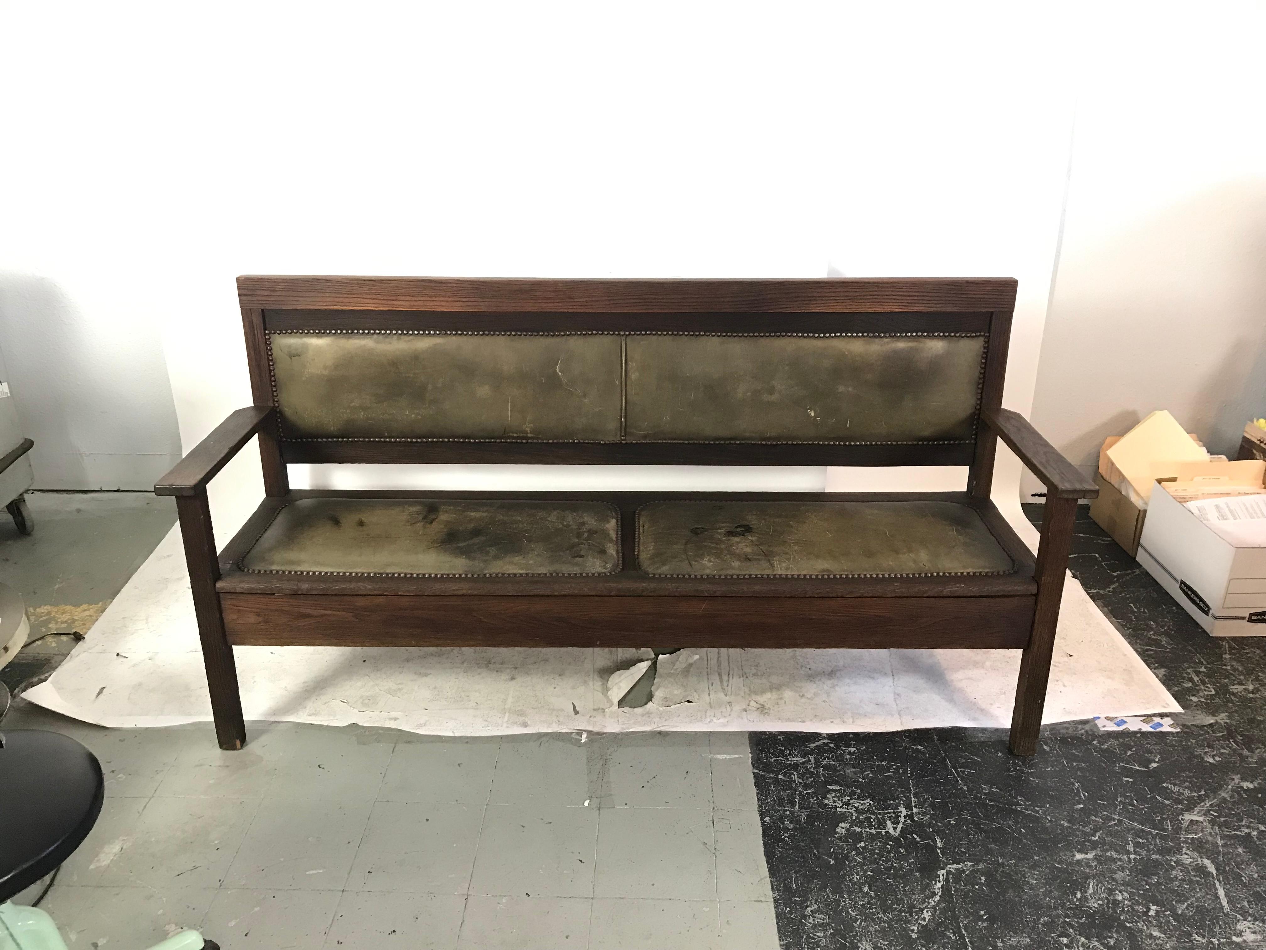American Riveted Leather and Oak Bench from a Railroad Depot
