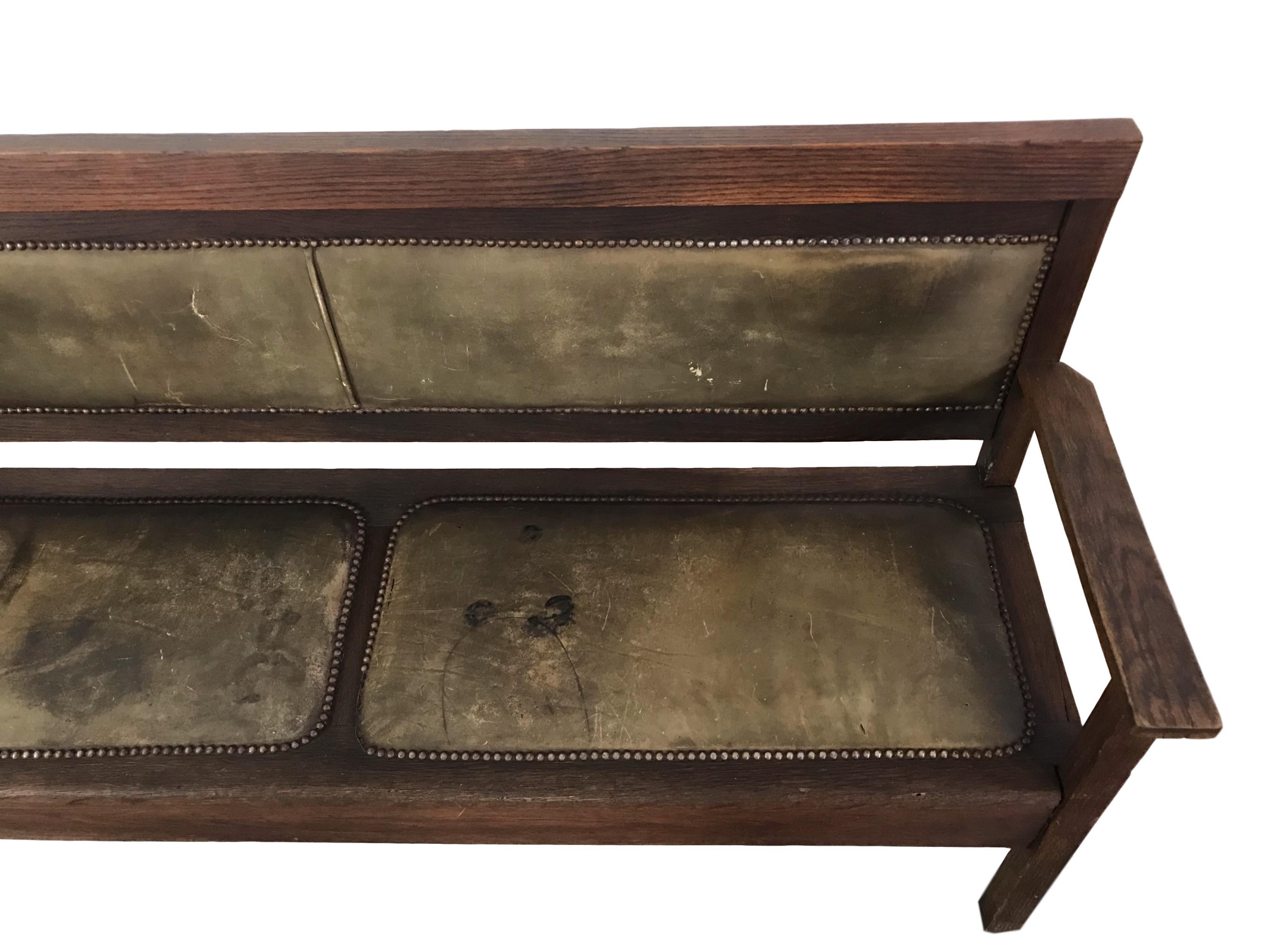 Mid-20th Century Riveted Leather and Oak Bench from a Railroad Depot