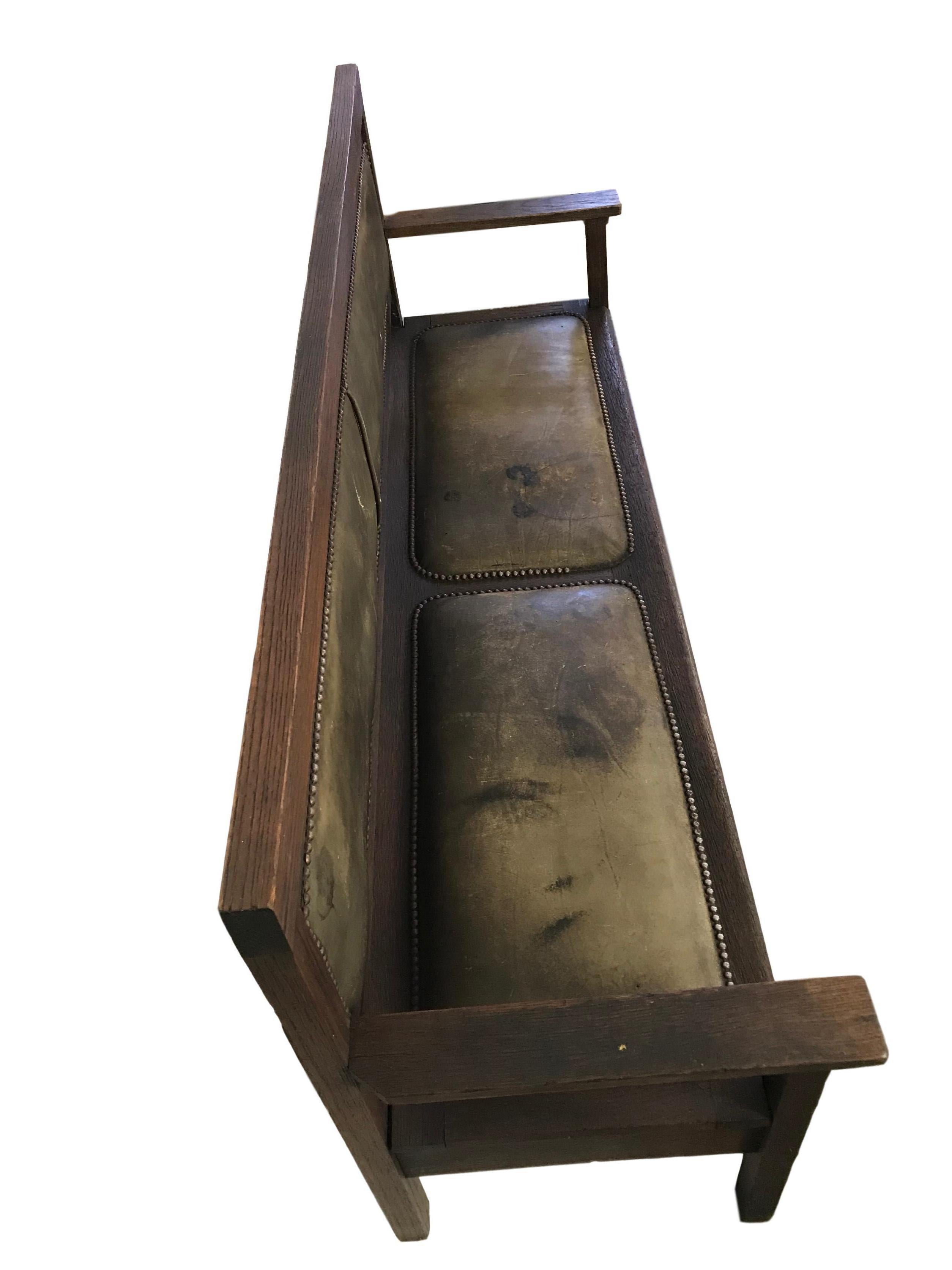 Riveted Leather and Oak Bench from a Railroad Depot 1