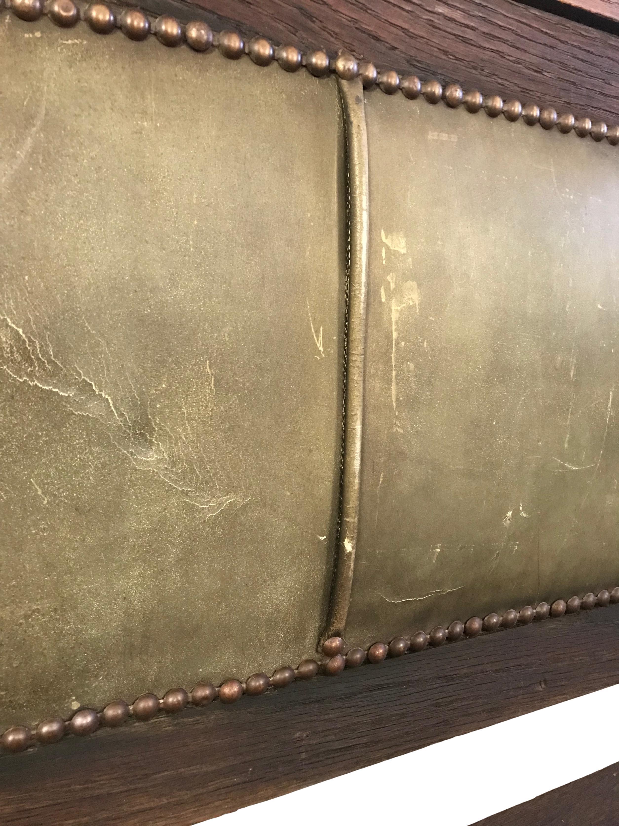 Riveted Leather and Oak Bench from a Railroad Depot 3
