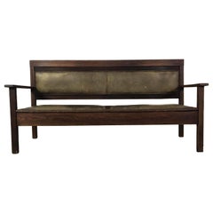 Vintage Riveted Leather and Oak Bench from a Railroad Depot