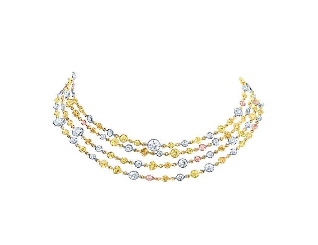 Beautiful Grand Riviera Multicolored Diamond Necklace was designed and fabricated in-house at CJ Charles Jewelers. This Riviera collection tri-color 18k yellow and rose gold long necklace is set with an array of stunning natural fancy yellow, pink,