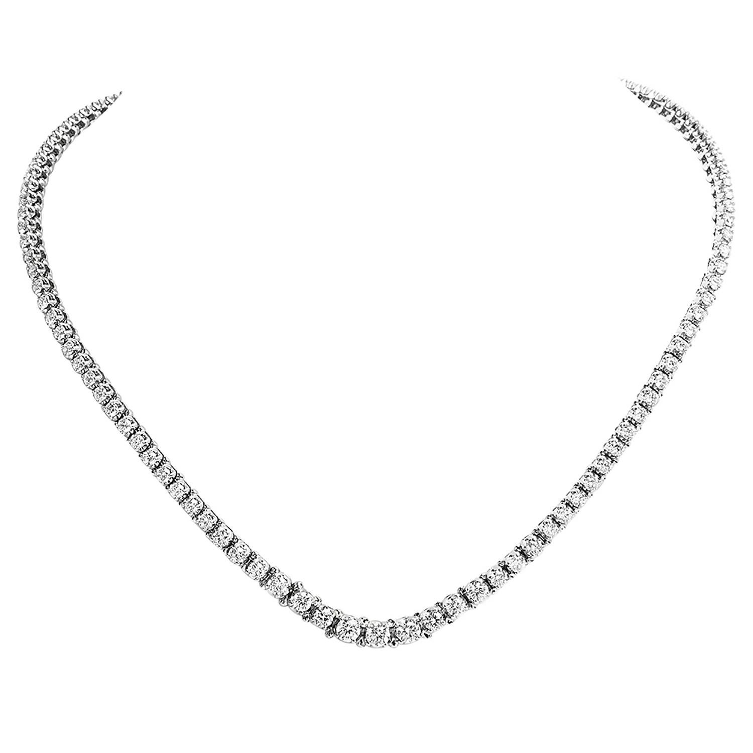 The Riviera necklace boasts  96 round-cut brilliant diamond bezels set in 14k white gold. A stunning gift that's sure to delight for years to come.

Set with (96) Round-cut Diamonds, weighing approx. 8.15 carats, G-H Color, VS clarity.

Weighs