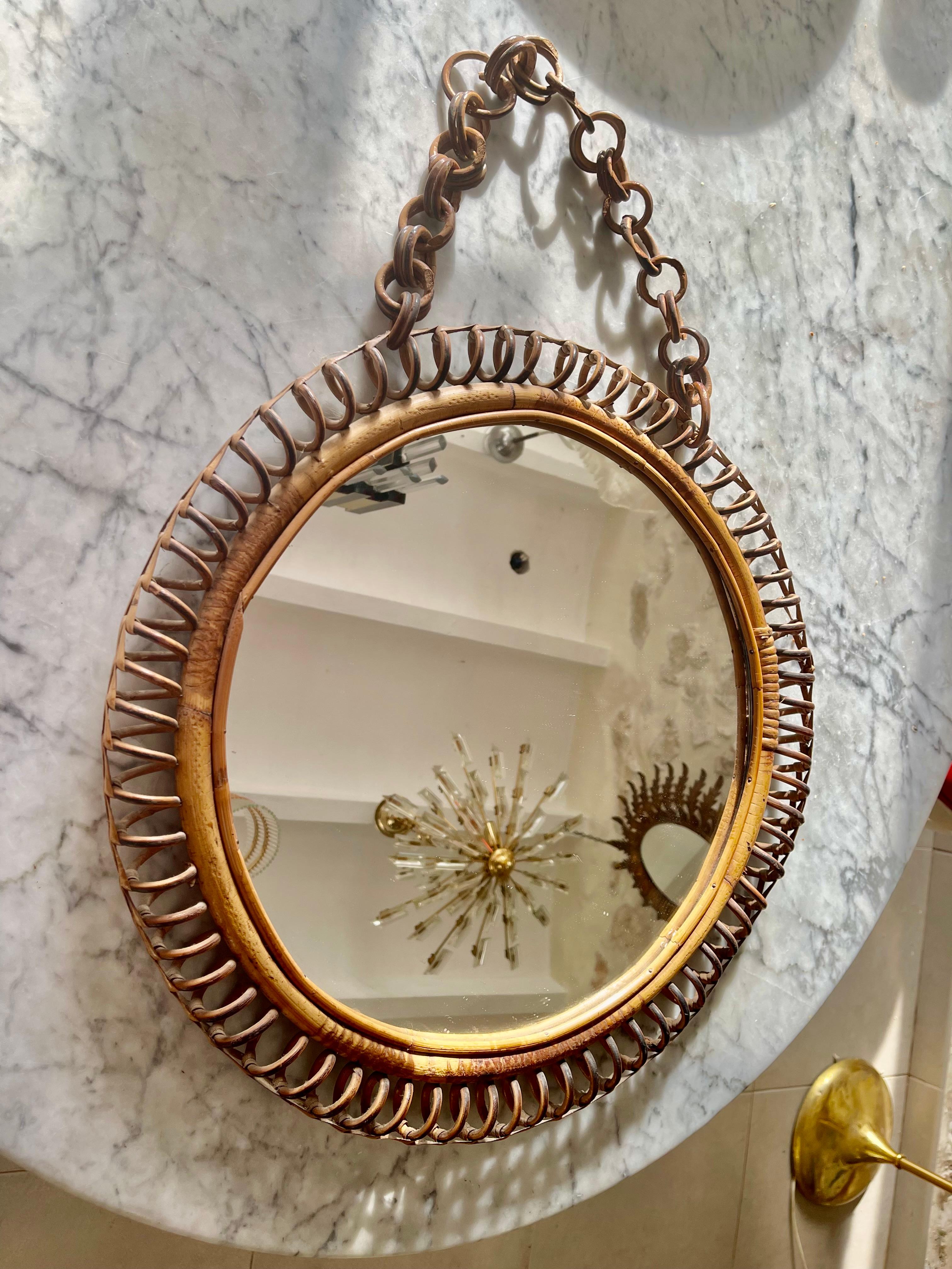 Mid-Century Modern Miroir Riviera avec rotin original, Italie, années 1960 en vente