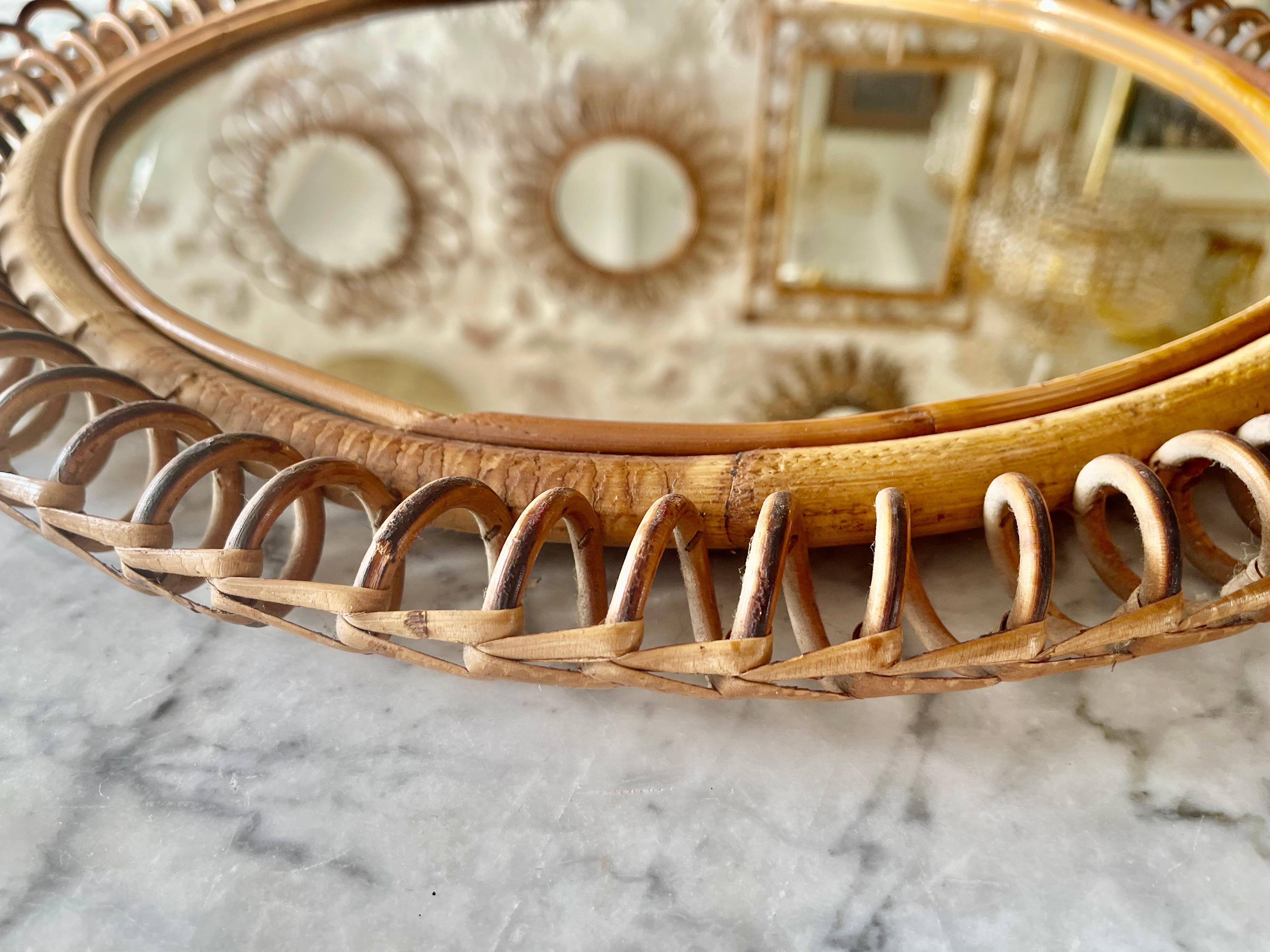 italien Miroir Riviera avec rotin original, Italie, années 1960 en vente