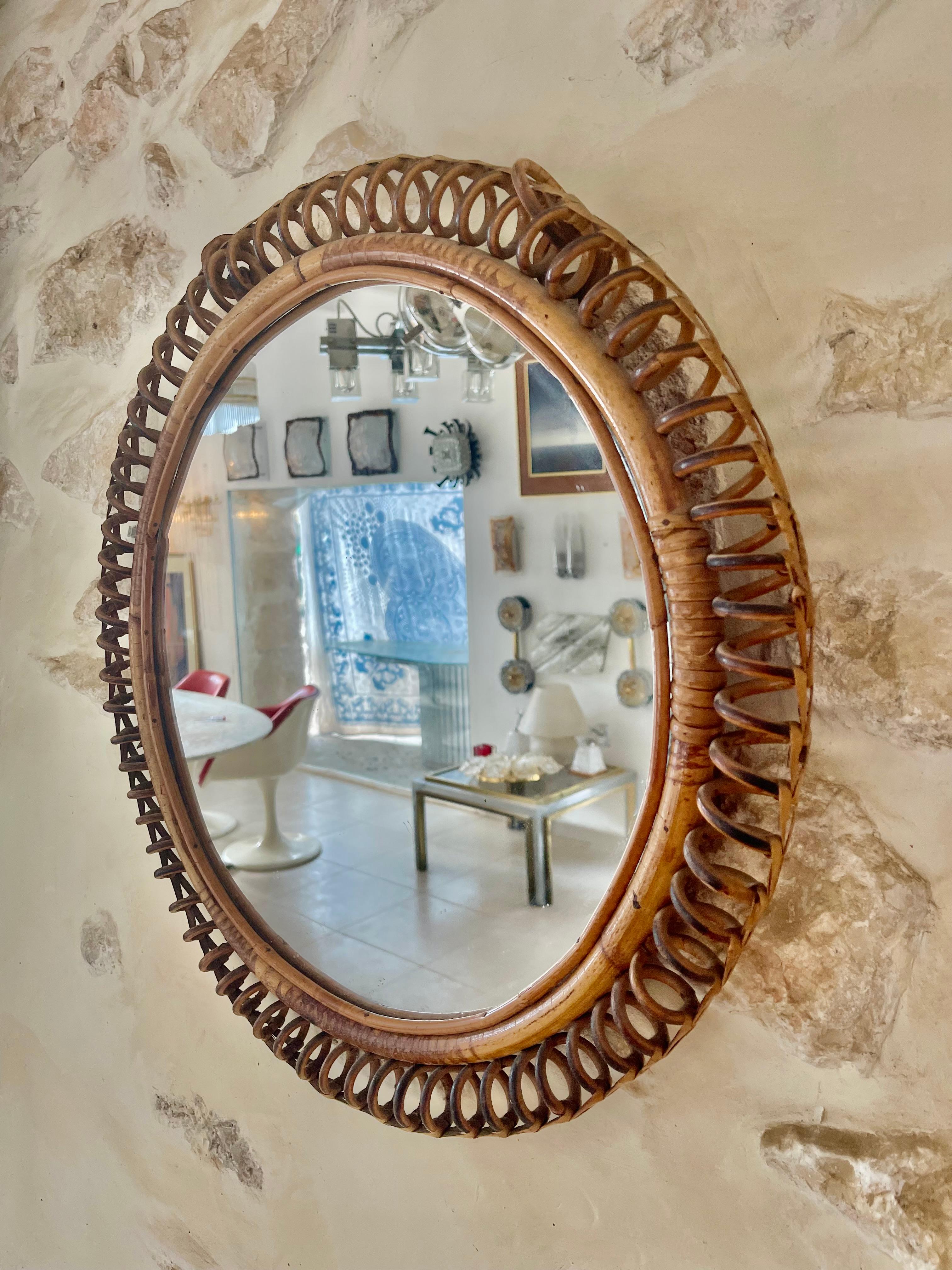 Fait main Miroir Riviera avec rotin original, Italie, années 1960 en vente