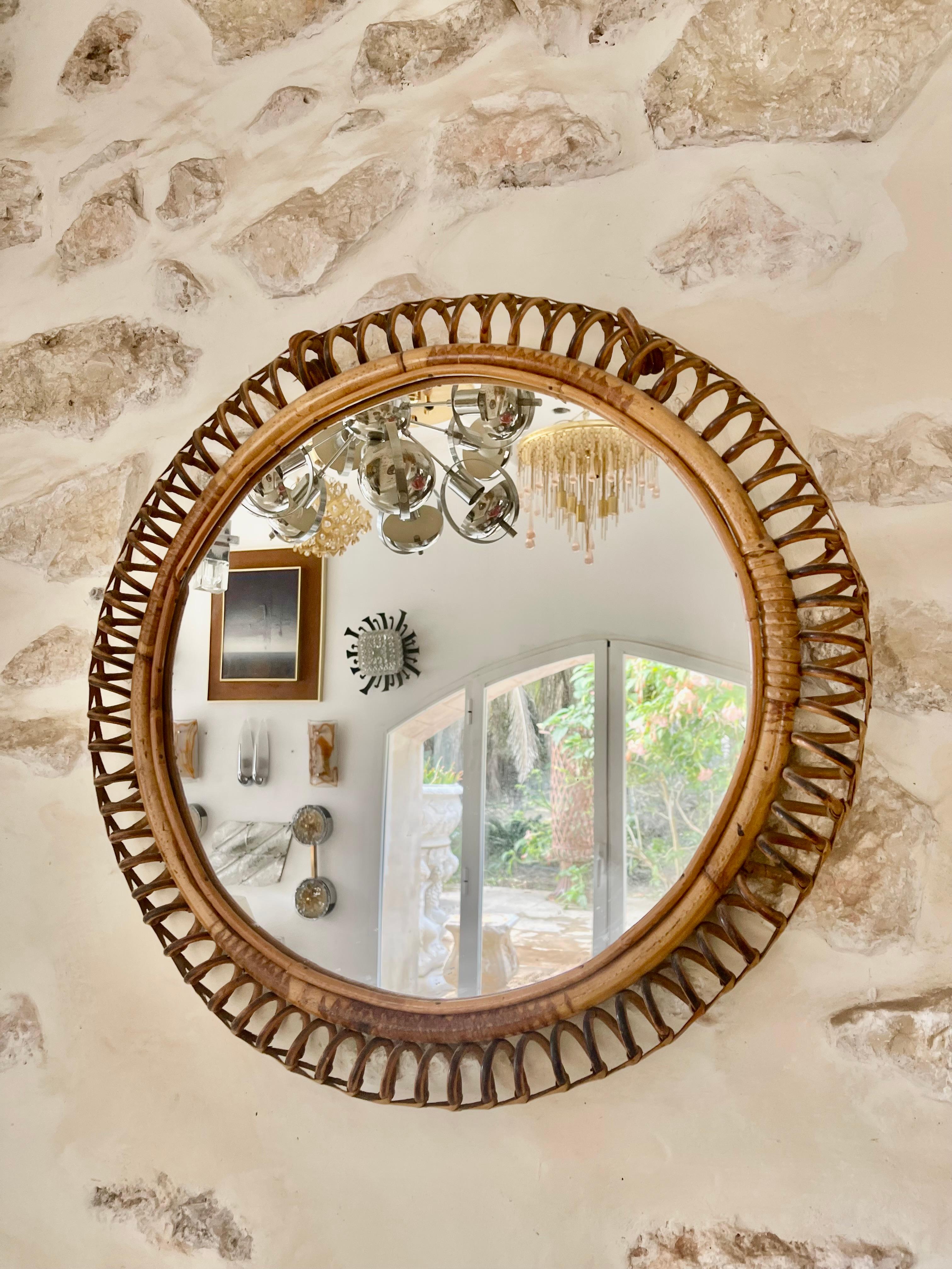 Miroir Riviera avec rotin original, Italie, années 1960 Bon état - En vente à La xara, VC