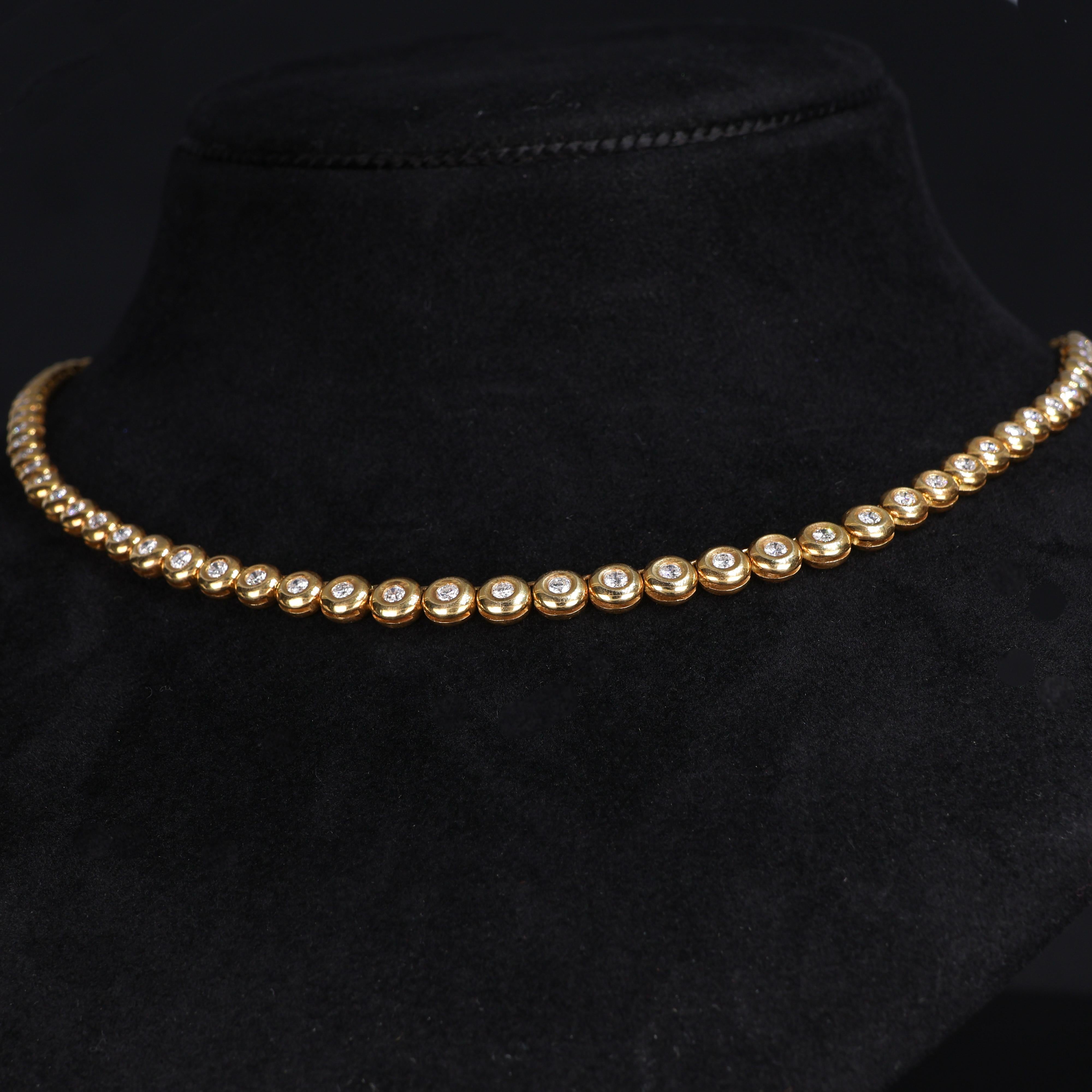 IMPORTANT NOTE:
✔ No additional costs will be added to this order.
✔ Shipping and customs duties are fully covered by us.
--------------------
A stunning riviera necklace crafted in 18K yellow gold, showcasing an elegant sequence of bezel-set