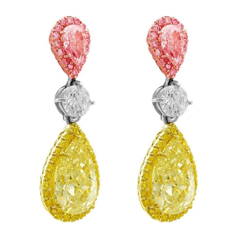 Riviera Pear Shaped Fancy Light Pink and Fancy Yellow Earrings For Sale