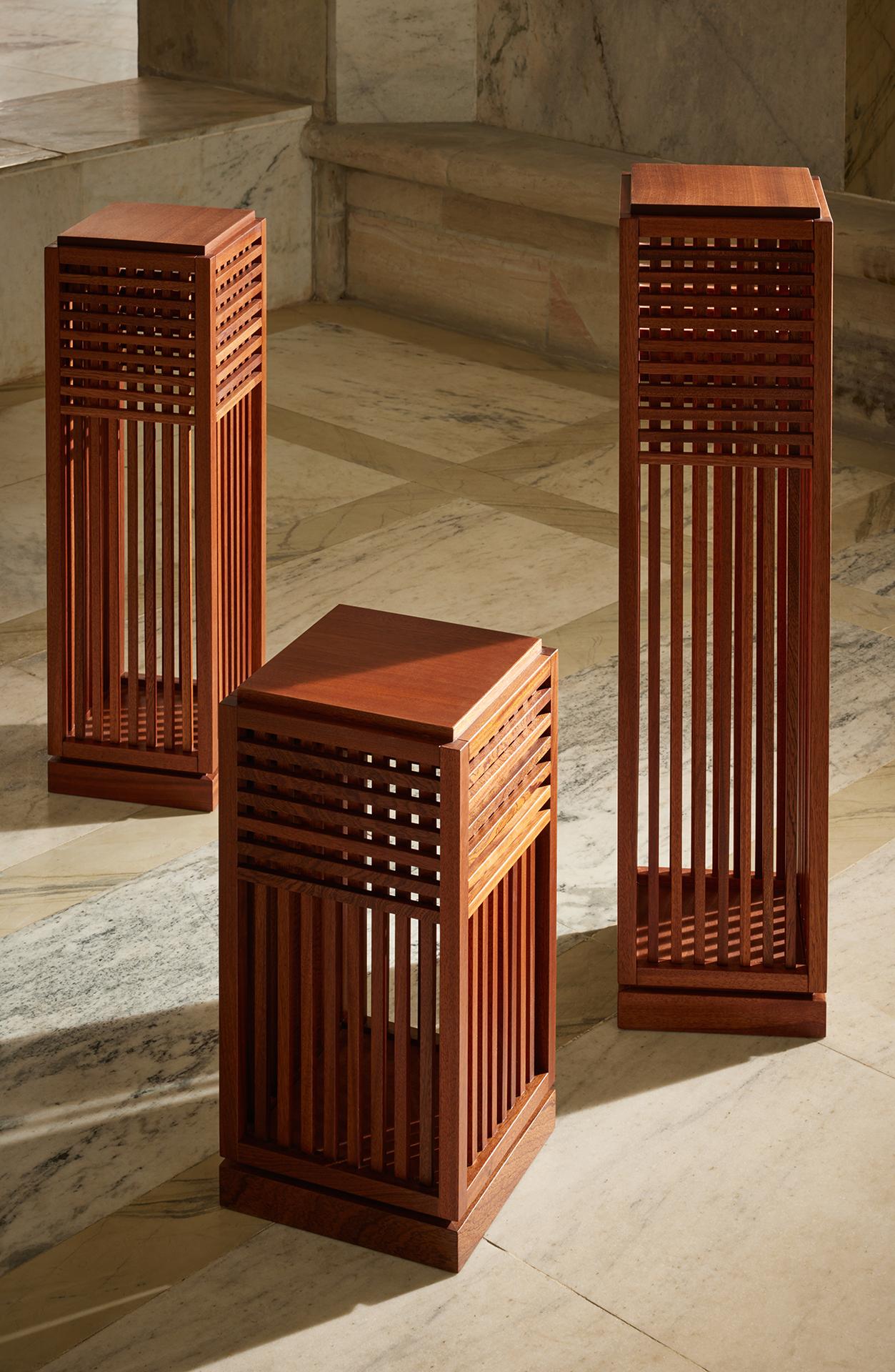 Contemporary Riviera Plinth Medium in Oiled African Mahogany designed by Yaniv Chen for Lemon For Sale