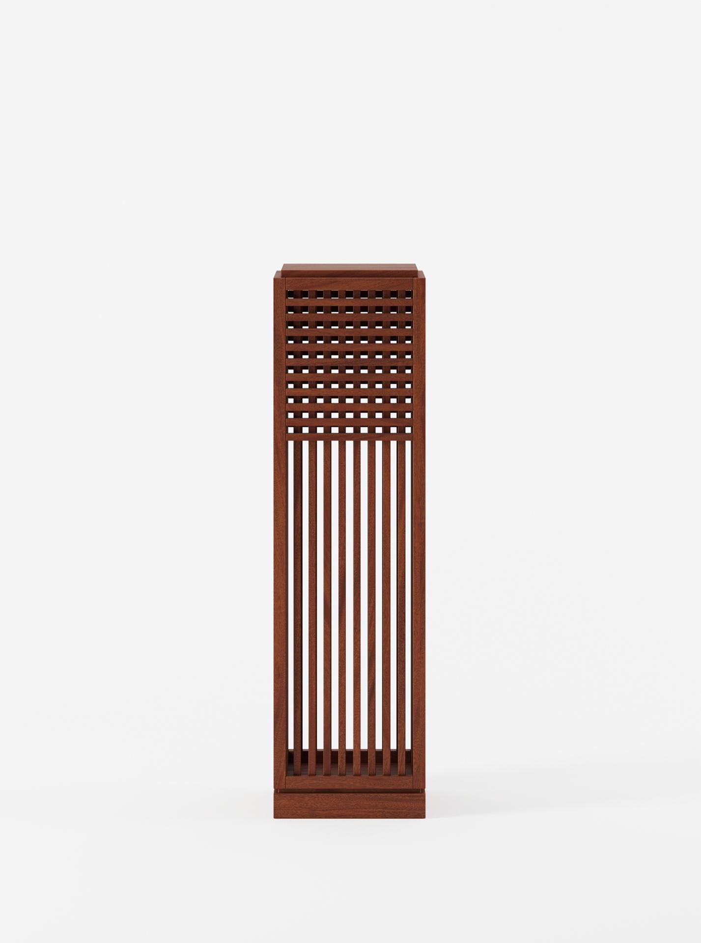Minimalist Riviera Plinth Tall in Oiled African Mahogany Designed by Yaniv Chen for Lemon For Sale