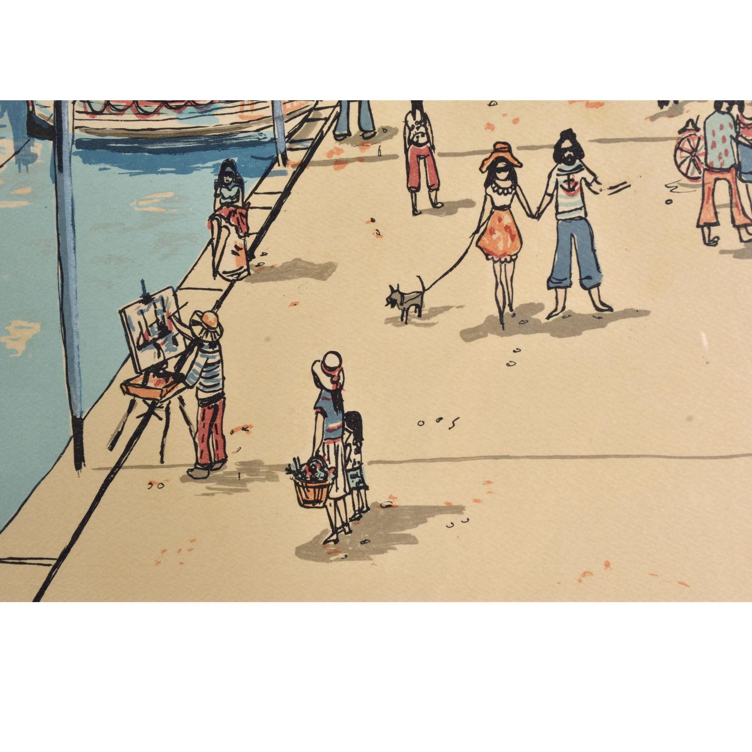 Riviera Shore Street Scene Signed Lithograph by C. Walling 1978 In Good Condition In Chattanooga, TN