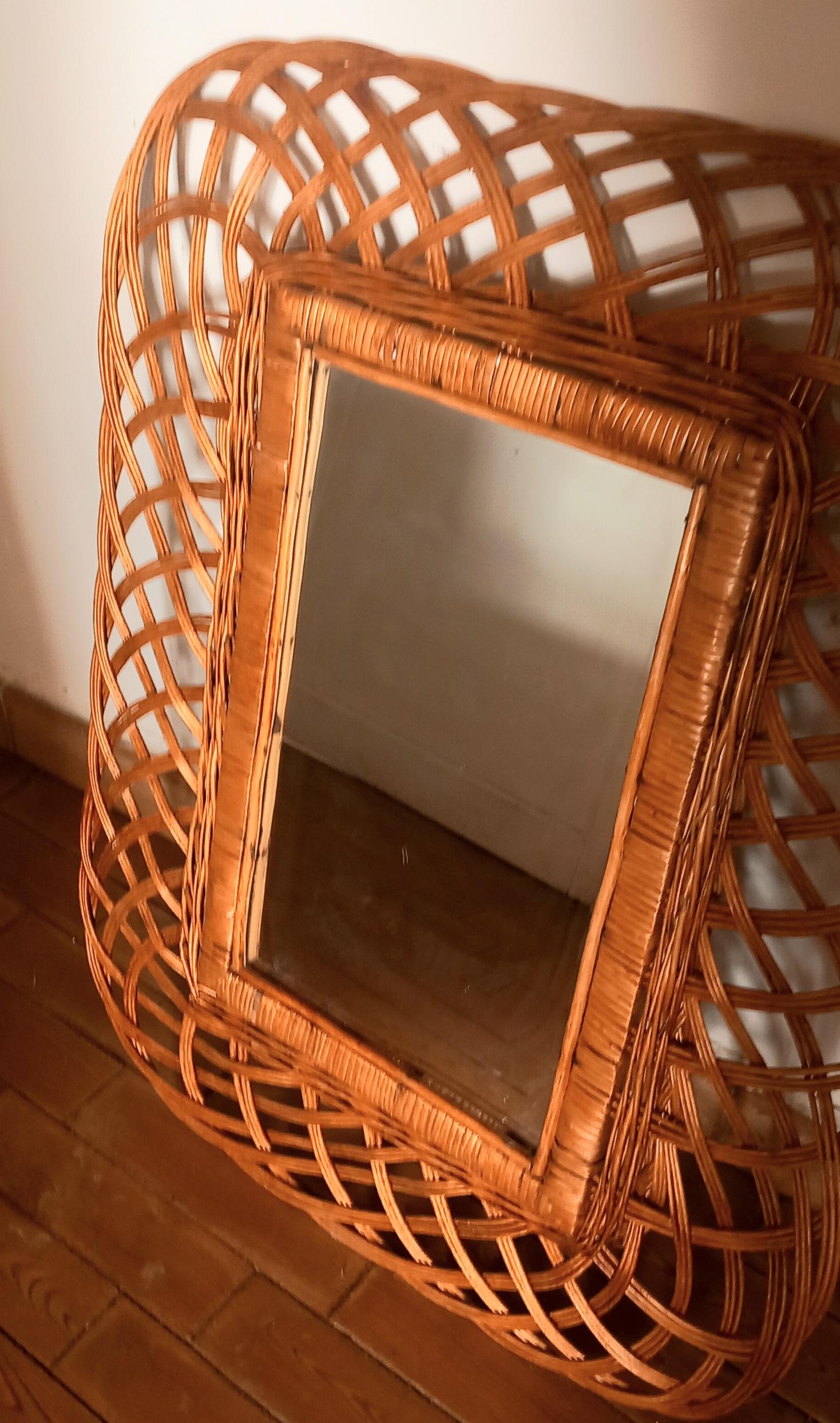 Wicker Riviera Style French Vintage Large Mirror Wiker, 90x70cm Mid 20th Century, 70s For Sale