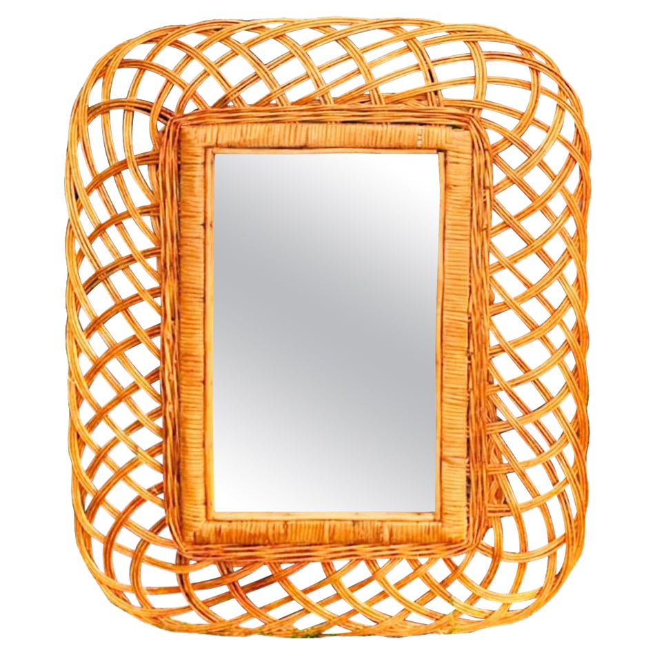 Riviera Style Vintage Français Grand Miroir Wiker, 90x70cm Milieu du 20ème siècle, Années 70 en vente