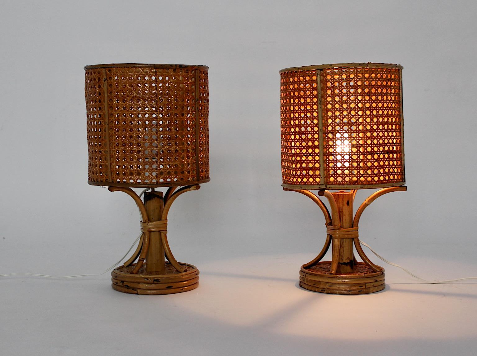 Organic Modern Riviera Style Organic Rattan Bamboo Table Lamps Nightstand Lamps 1970s Italy For Sale