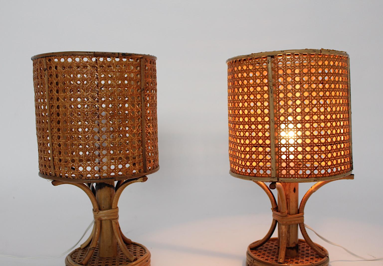 Italian Riviera Style Organic Rattan Bamboo Table Lamps Nightstand Lamps 1970s Italy For Sale