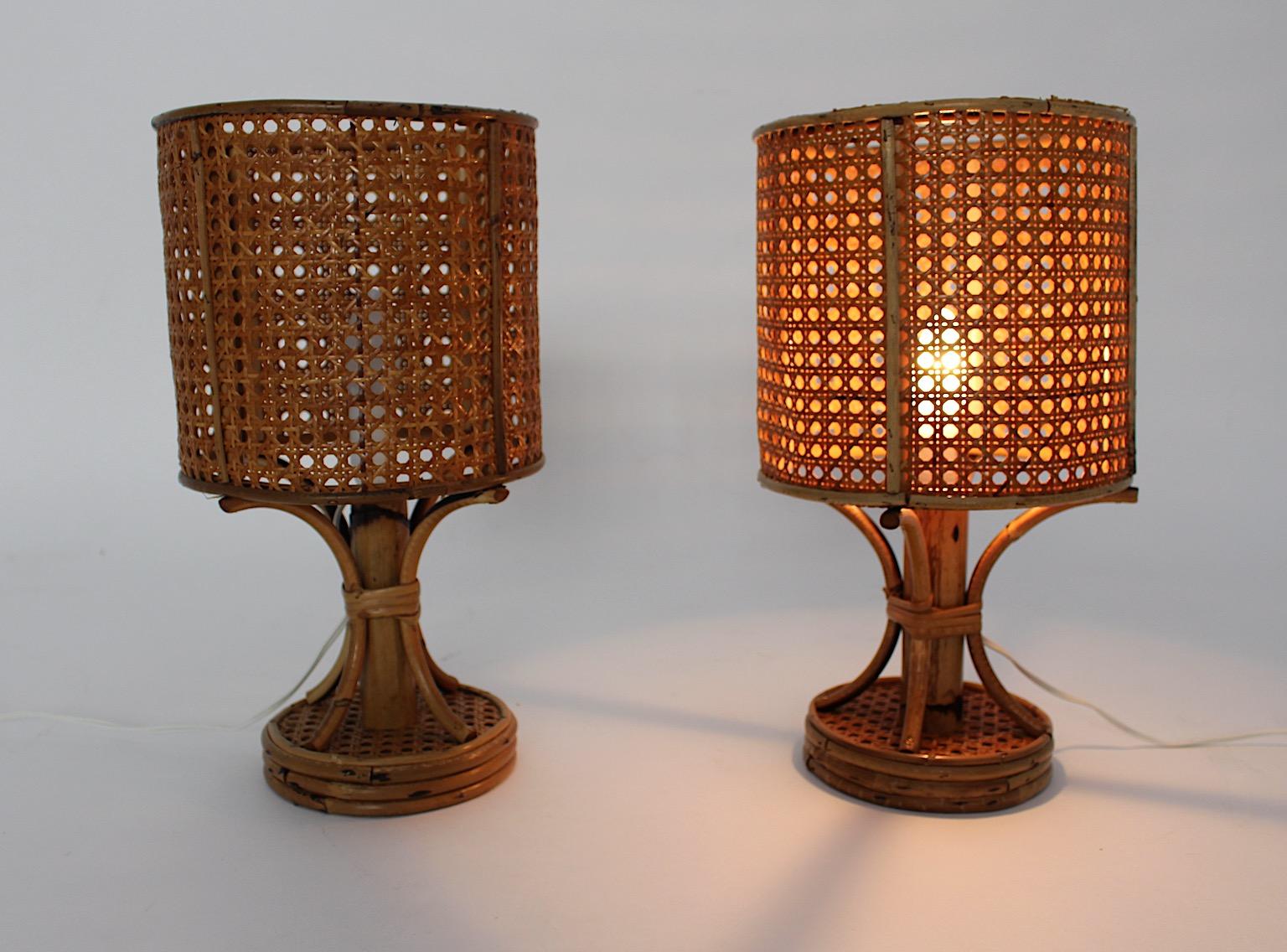Late 20th Century Riviera Style Organic Rattan Bamboo Table Lamps Nightstand Lamps 1970s Italy For Sale