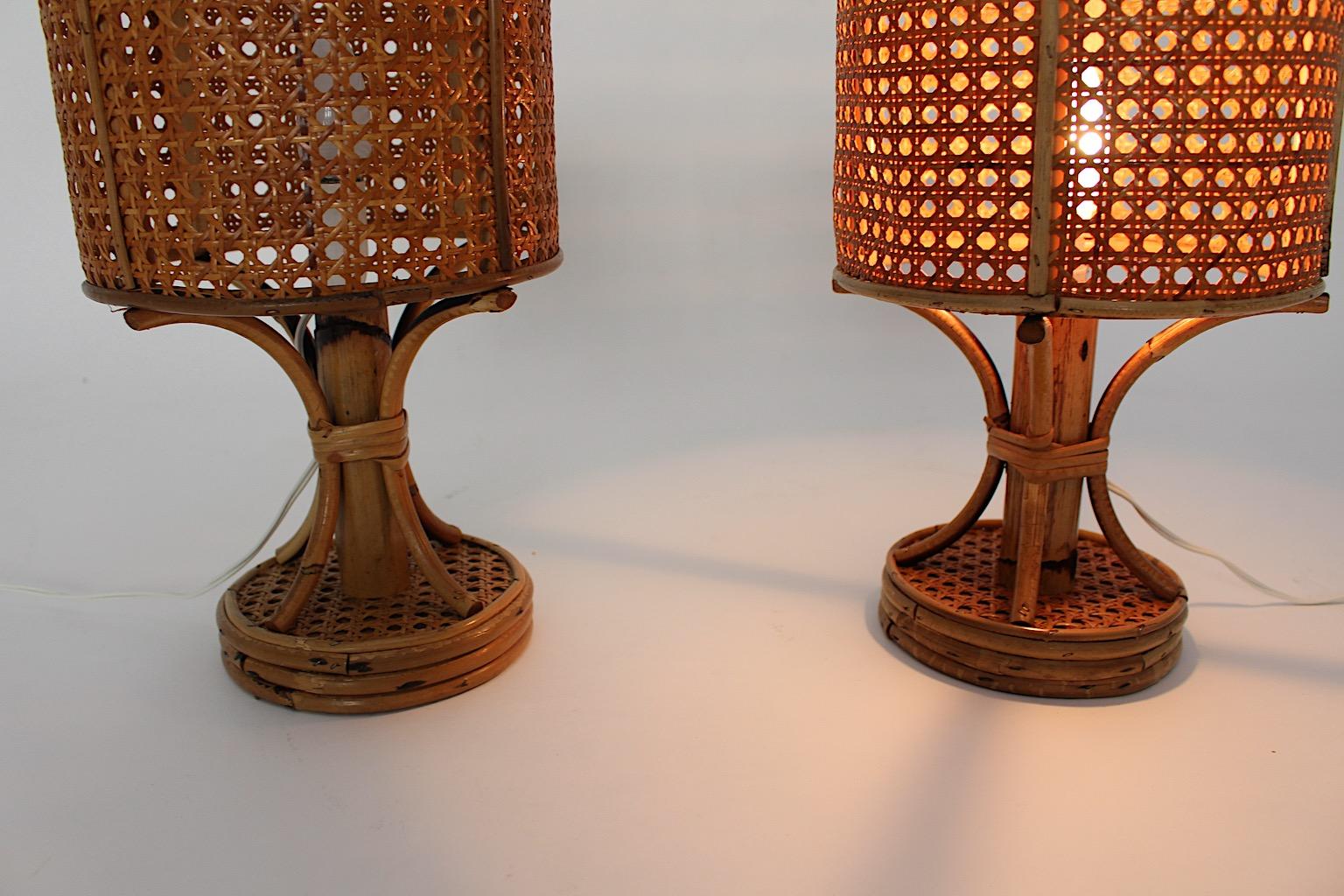 Riviera Style Organic Rattan Bamboo Table Lamps Nightstand Lamps 1970s Italy For Sale 1
