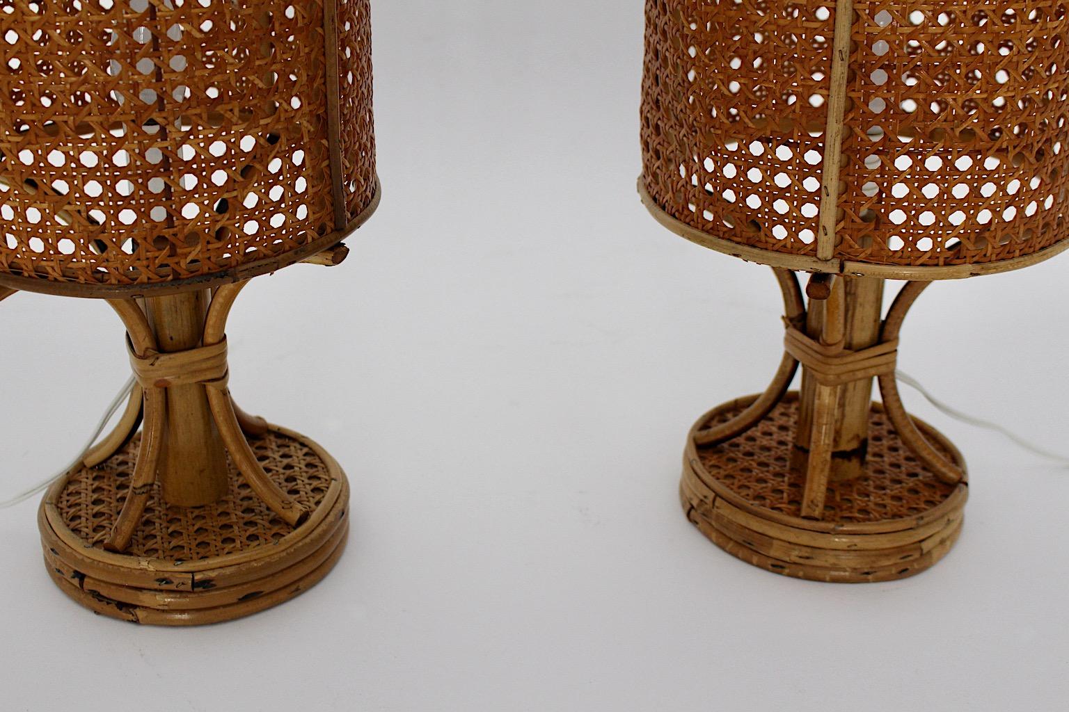 Riviera Style Organic Rattan Bamboo Table Lamps Nightstand Lamps 1970s Italy For Sale 2