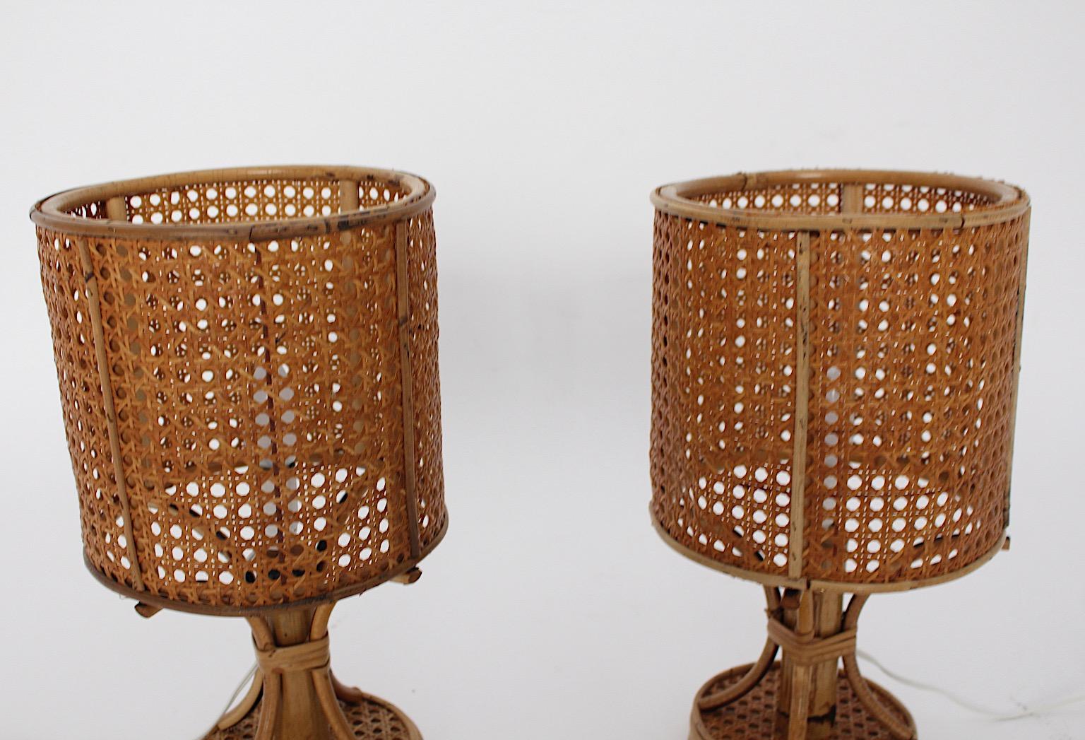 Riviera Style Organic Rattan Bamboo Table Lamps Nightstand Lamps 1970s Italy For Sale 3