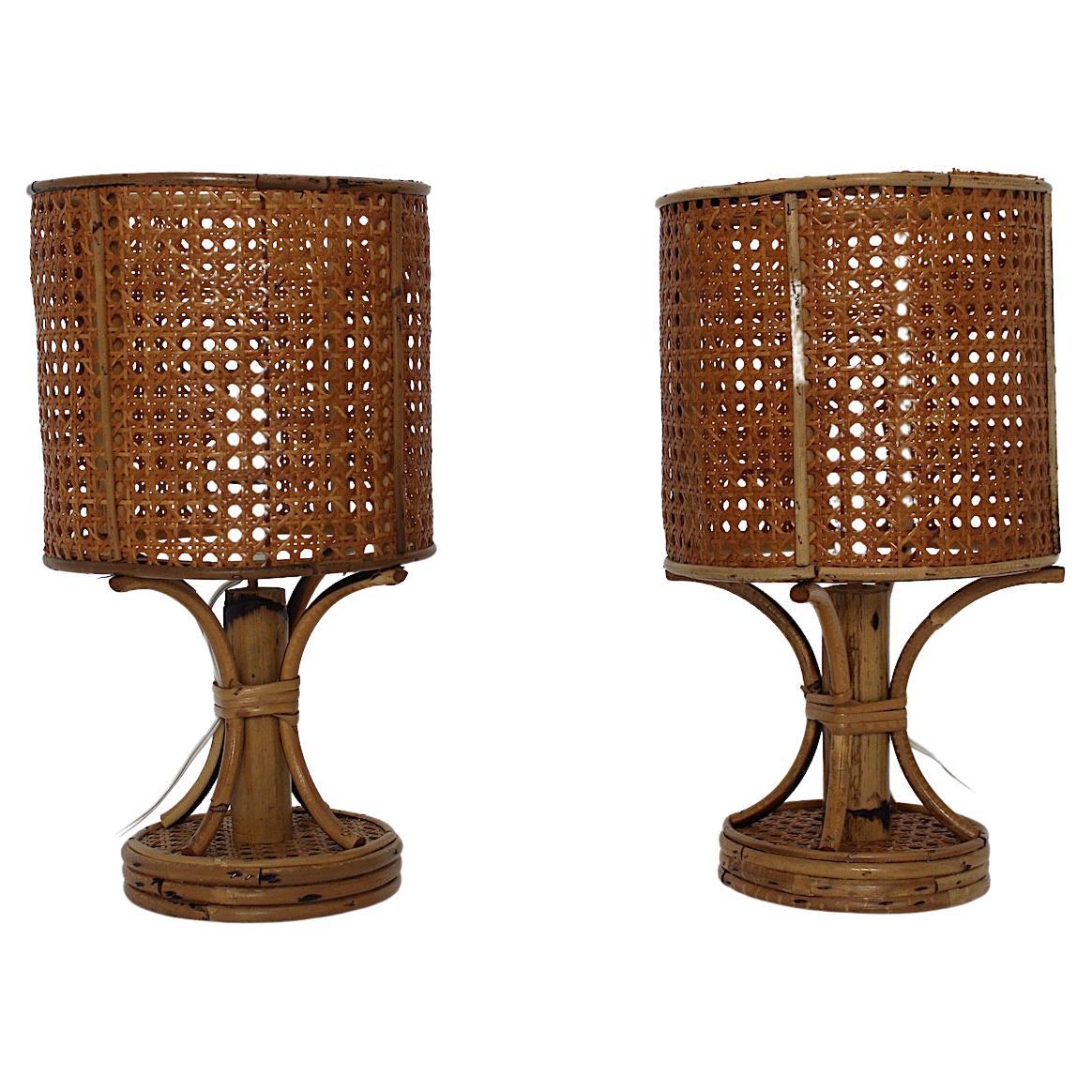 Riviera Style Organic Rattan Bamboo Table Lamps Nightstand Lamps 1970s Italy For Sale