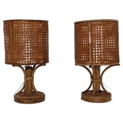 Riviera Style Organic Rattan Bamboo Table Lamps Nightstand Lamps 1970s Italy