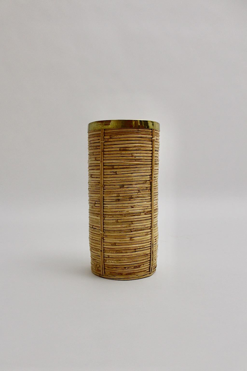 Riviera Style Organic Rattan Brass Paper Basket or Cane Holder, 1970s, Italy For Sale 4