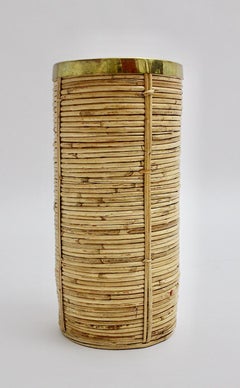 Riviera Style Organic Rattan Brass Paper Basket or Cane Holder, 1970s, Italy