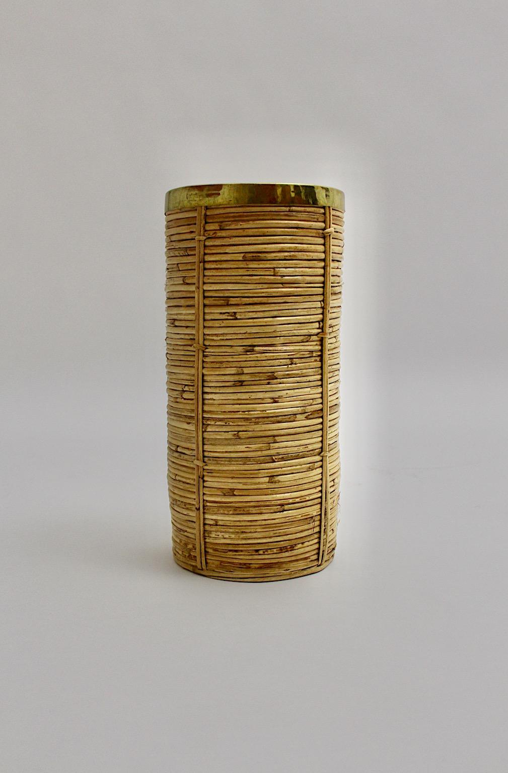 Hollywood Regency Riviera Style Organic Rattan Brass Paper Basket or Cane Holder, 1970s, Italy For Sale
