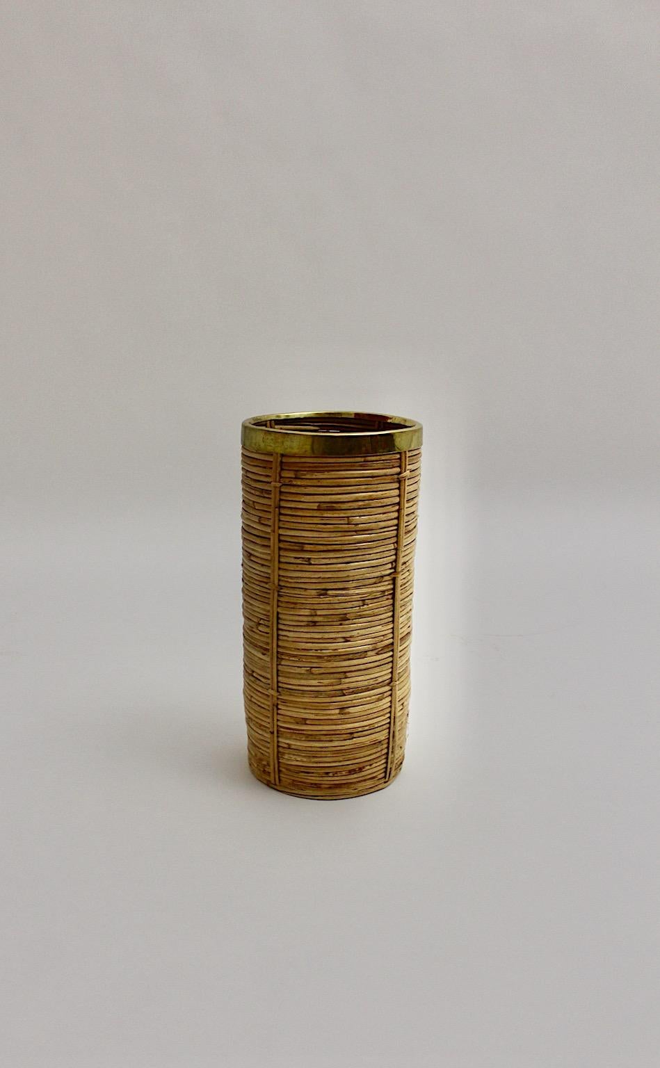 Italian Riviera Style Organic Rattan Brass Paper Basket or Cane Holder, 1970s, Italy For Sale