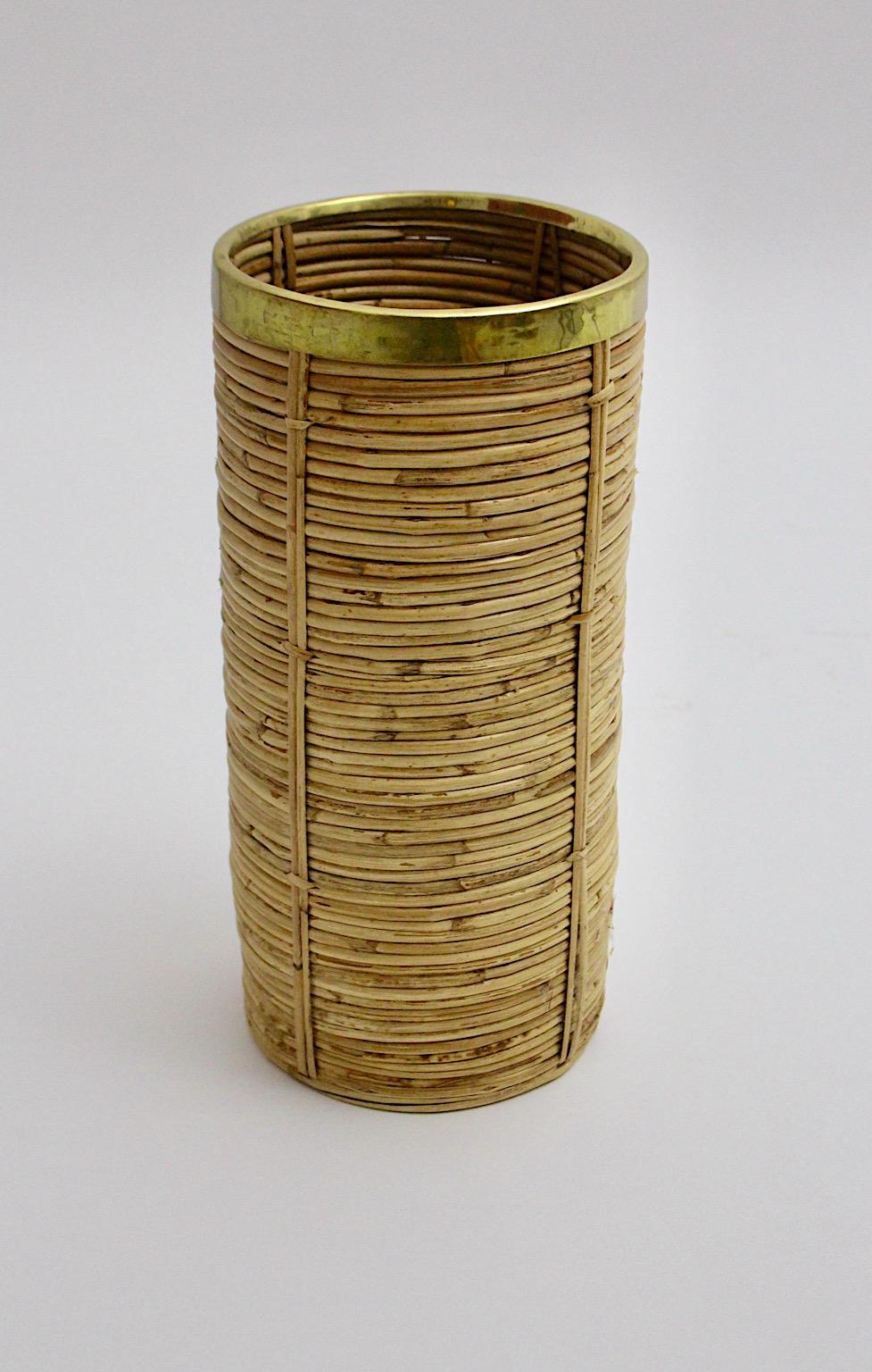 Riviera Style Organic Rattan Brass Paper Basket or Cane Holder, 1970s, Italy In Good Condition For Sale In Vienna, AT