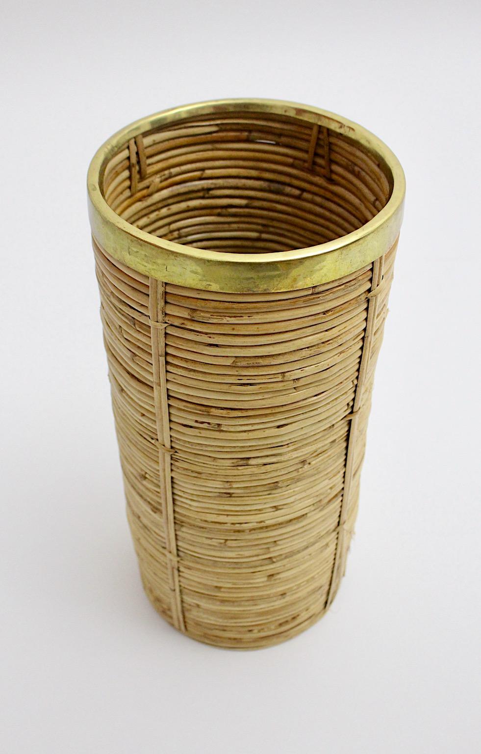 Late 20th Century Riviera Style Organic Rattan Brass Paper Basket or Cane Holder, 1970s, Italy For Sale