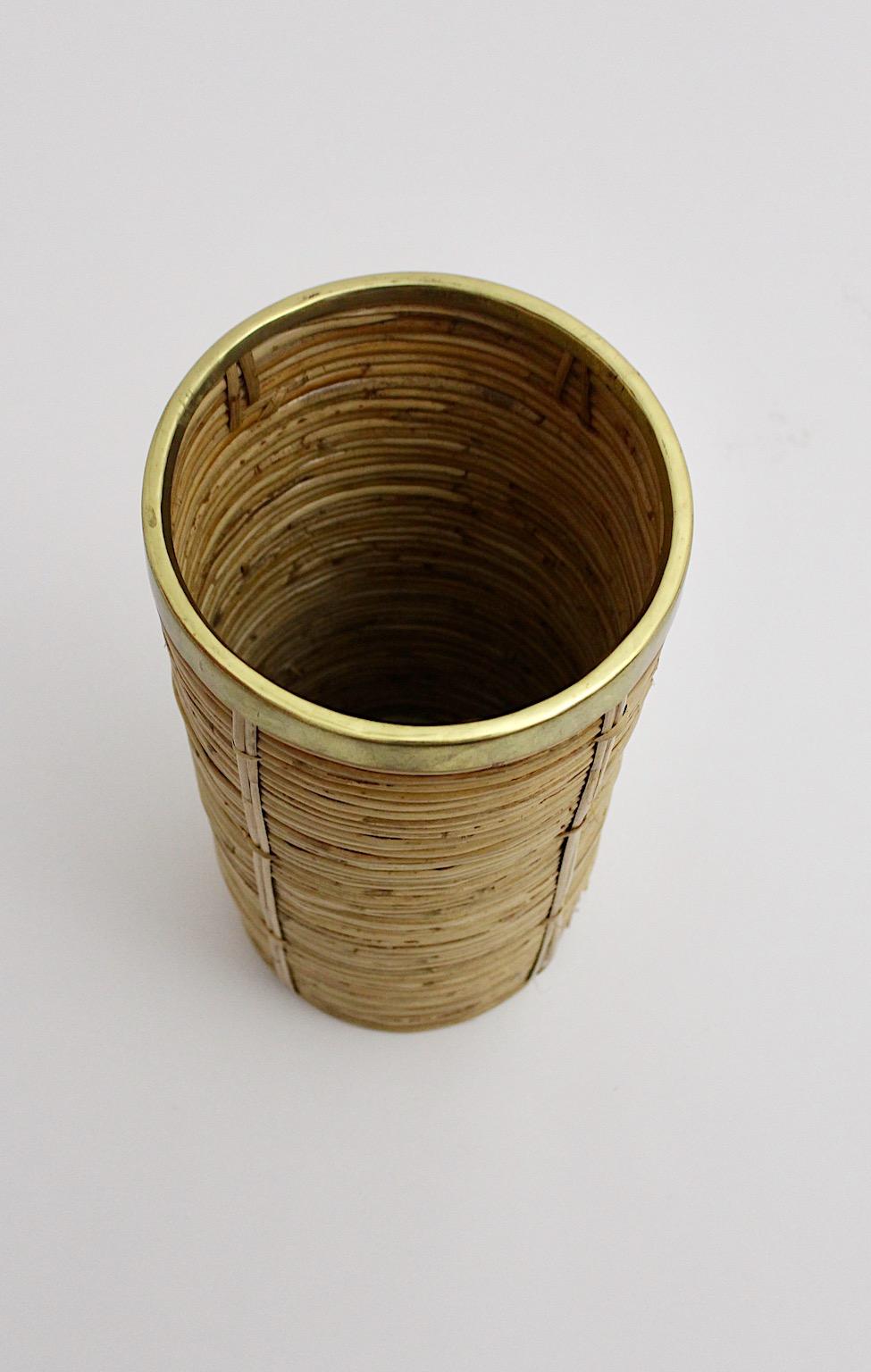Riviera Style Organic Rattan Brass Paper Basket or Cane Holder, 1970s, Italy For Sale 1