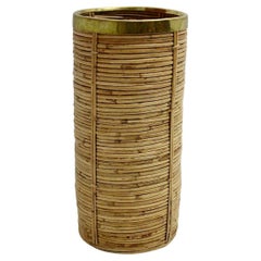 Riviera Style Organic Rattan Brass Paper Basket or Cane Holder, 1970s, Italy