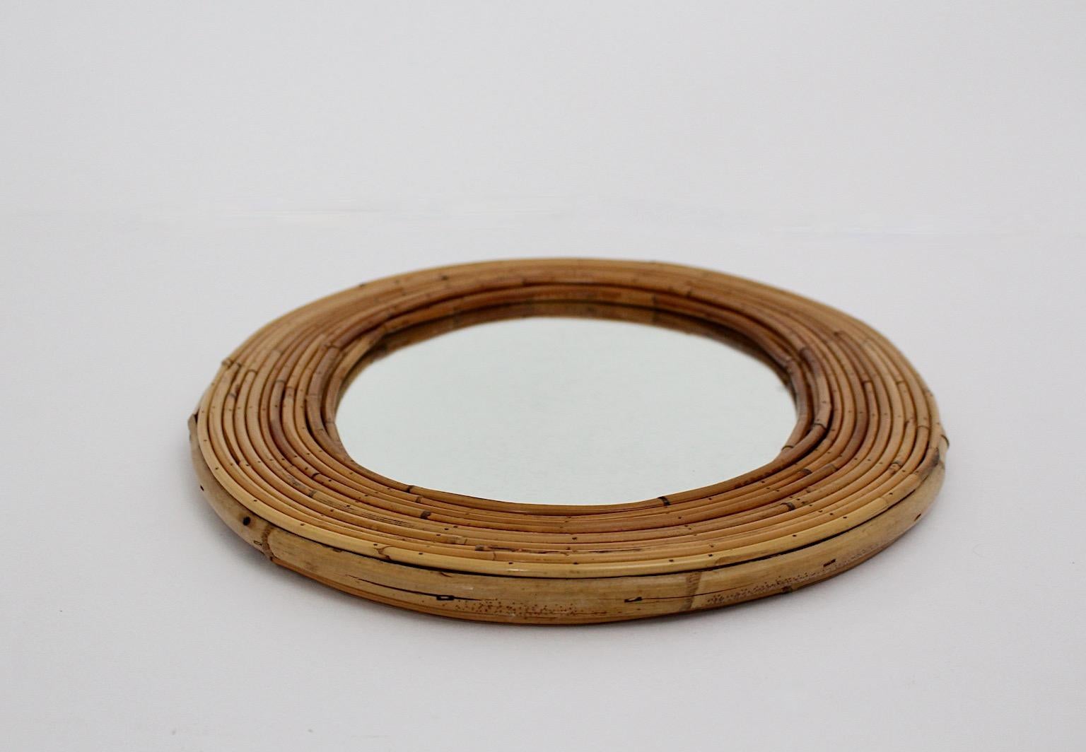 Mid-Century Modern Riviera Style Organic Vintage Rattan Bamboo Oval Wall Mirror France, 1950s