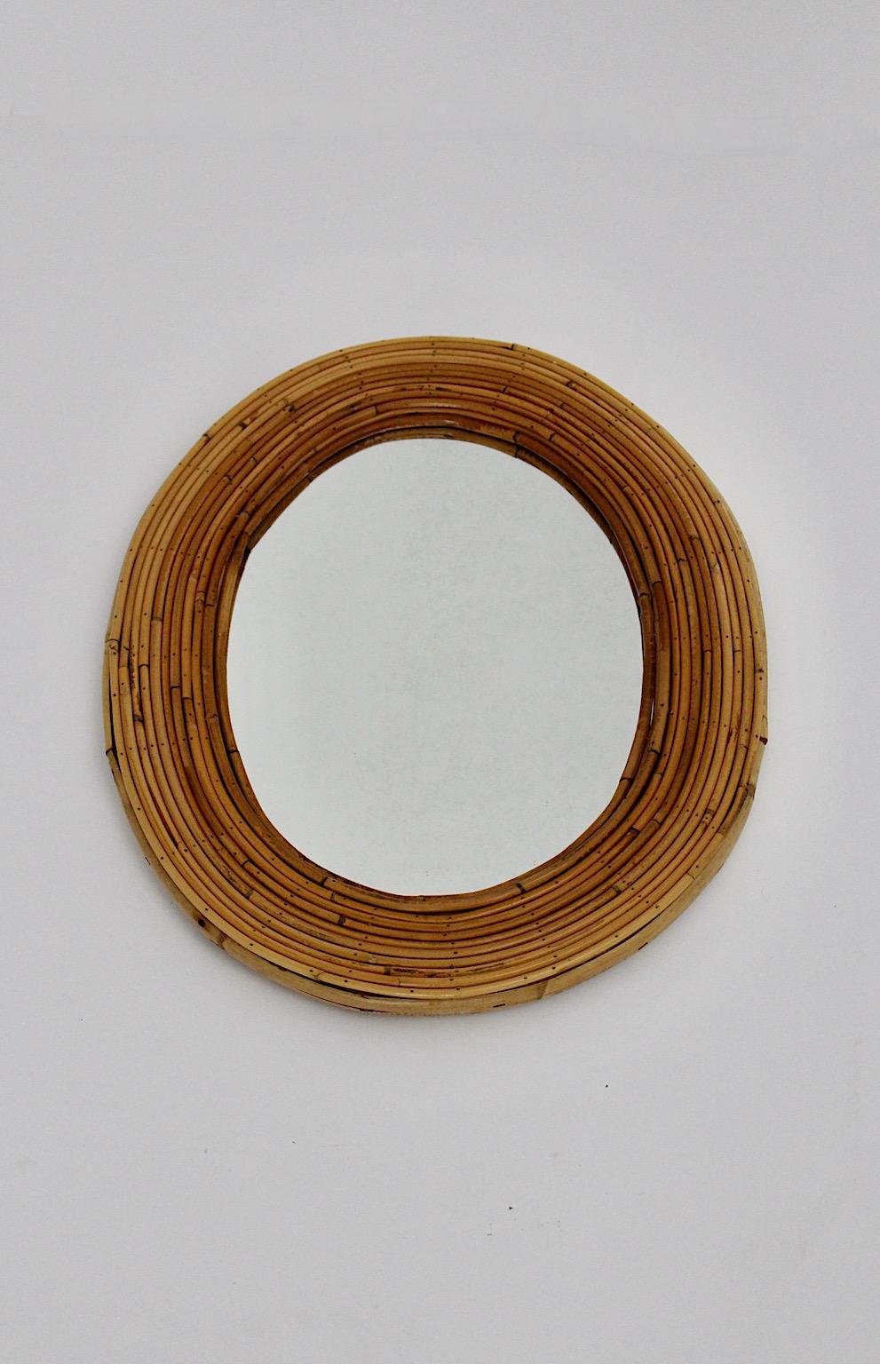 French Riviera Style Organic Vintage Rattan Bamboo Oval Wall Mirror France, 1950s