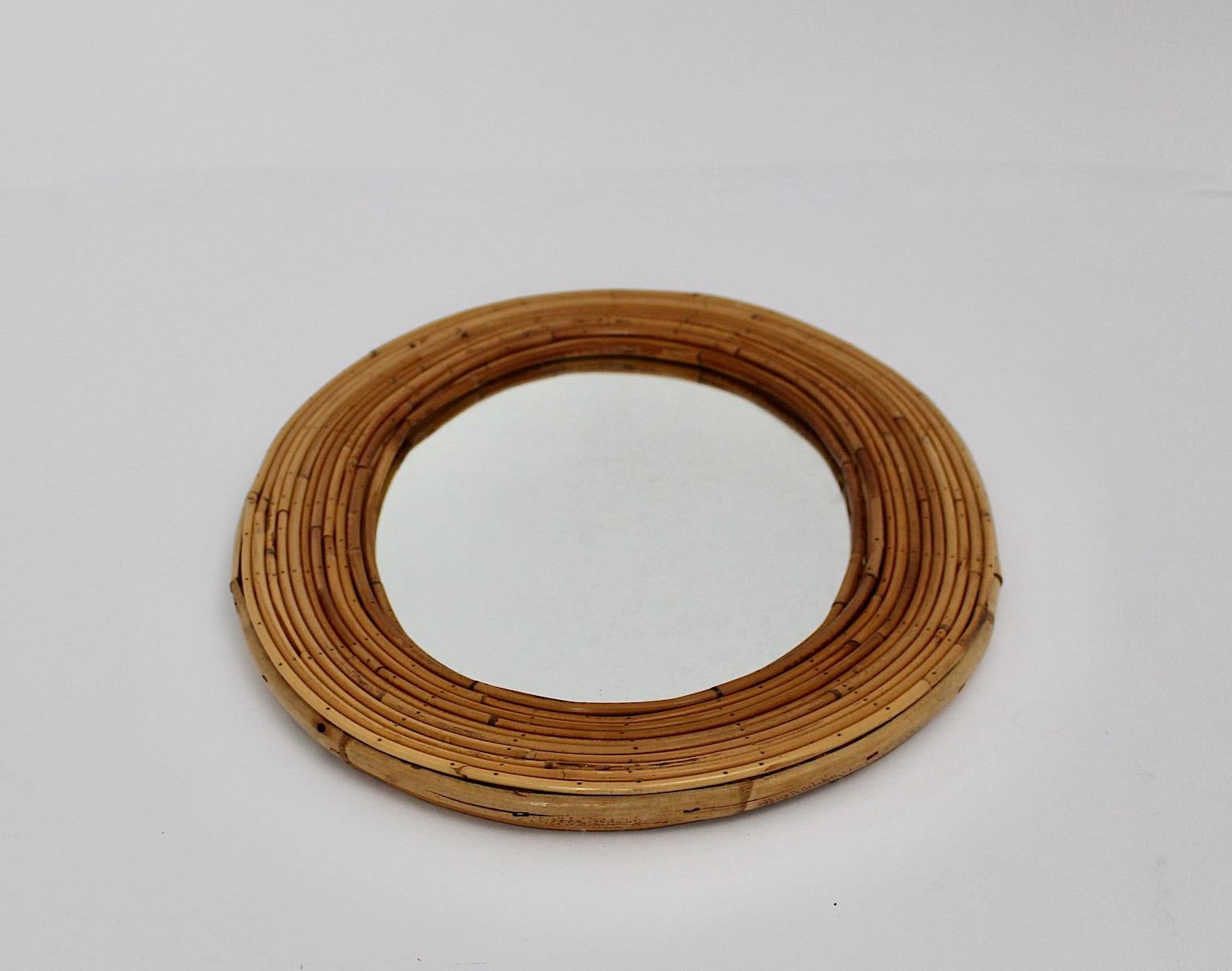 20th Century Riviera Style Organic Vintage Rattan Bamboo Oval Wall Mirror France, 1950s