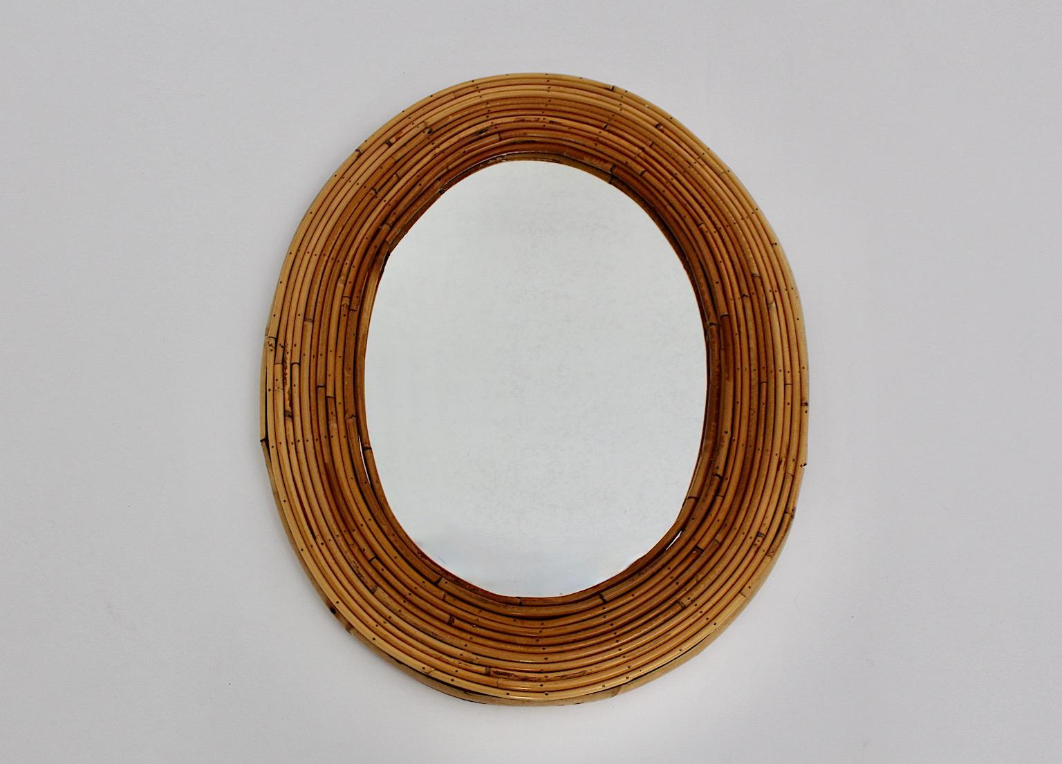 Riviera Style Organic Vintage Rattan Bamboo Oval Wall Mirror France, 1950s 1