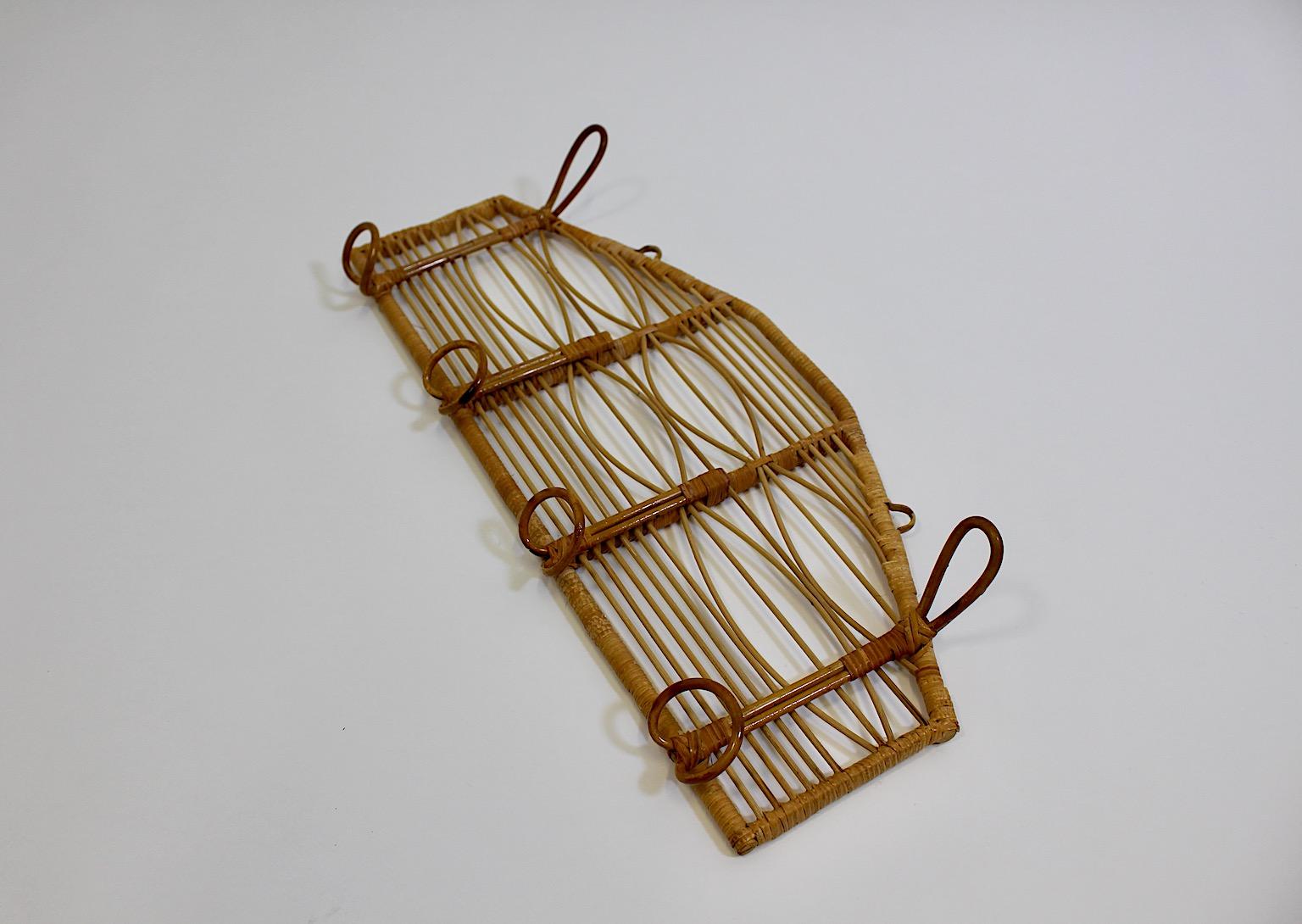 Mid-20th Century Riviera Style Organic Vintage Rattan Coat Rack with Five Hooks 1960s Italy For Sale