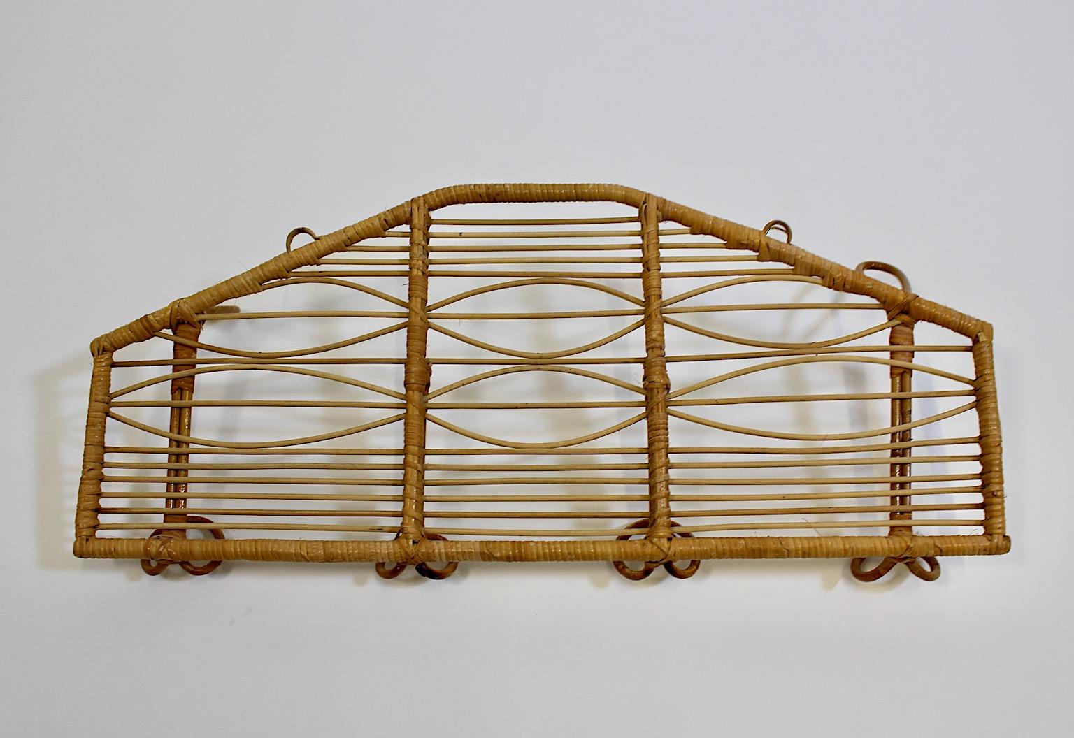 Riviera Style Organic Vintage Rattan Coat Rack with Five Hooks 1960s Italy For Sale 1