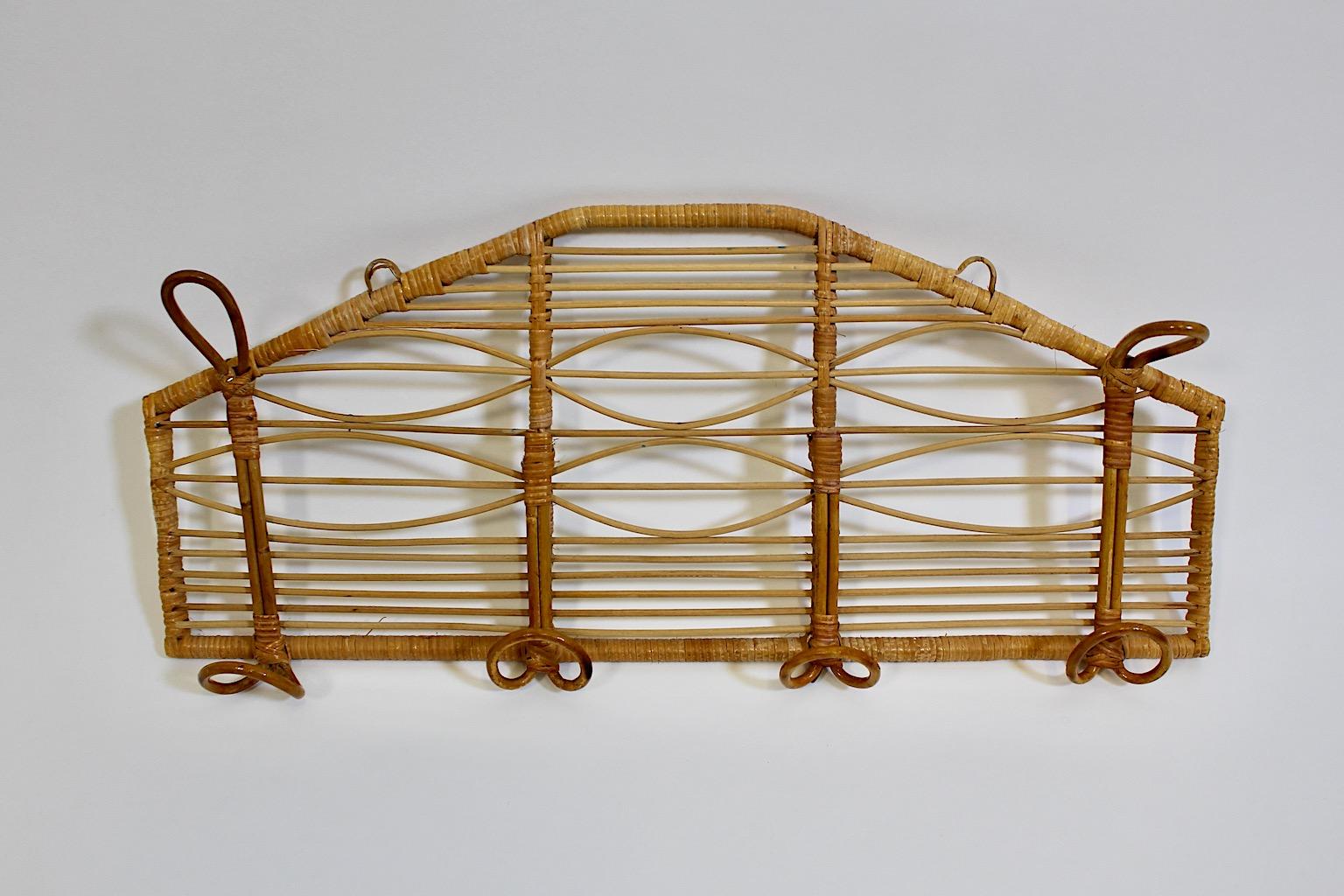 Riviera Style Organic Vintage Rattan Coat Rack with Five Hooks 1960s Italy For Sale 3