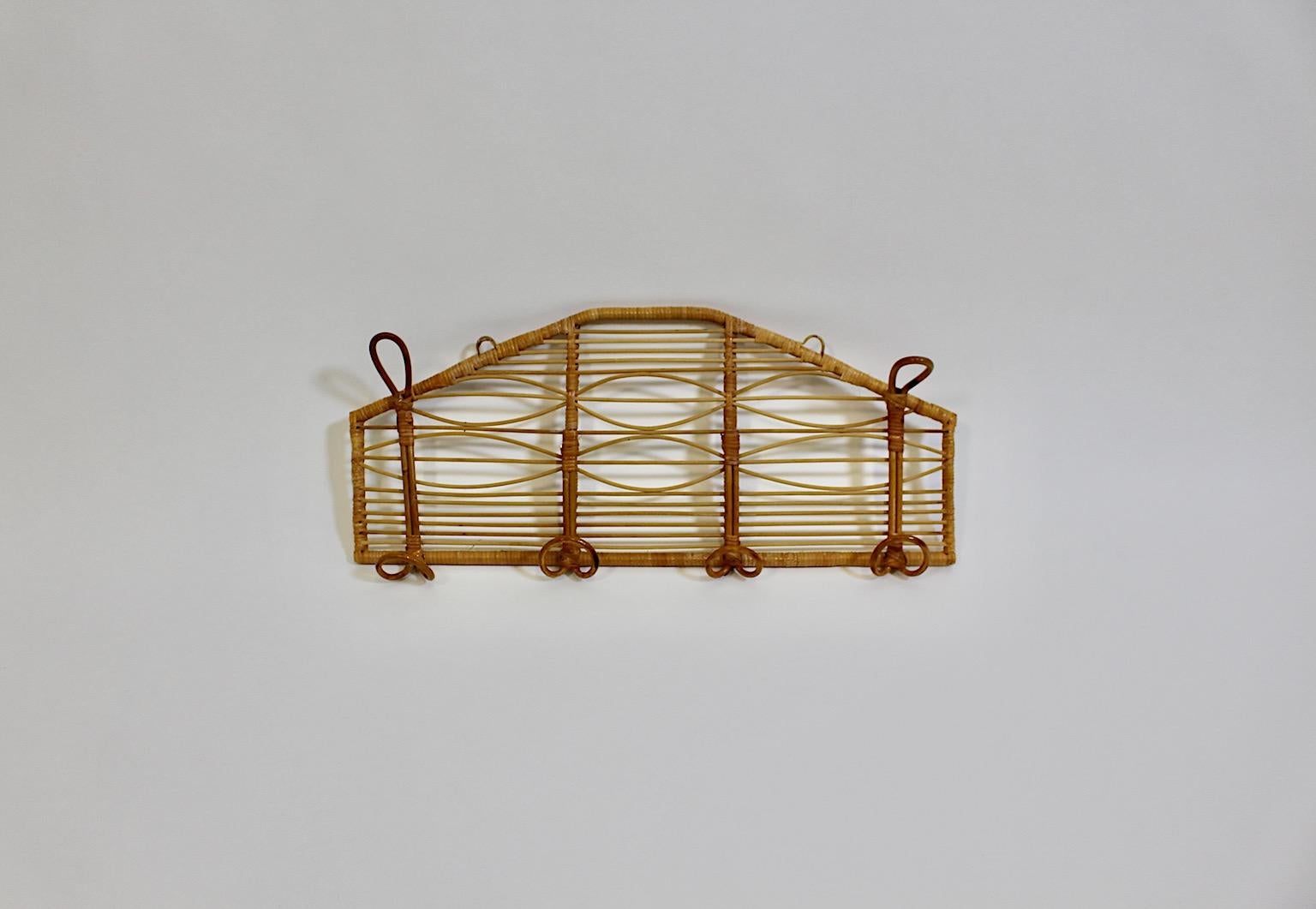 Riviera Style Organic Vintage Rattan Coat Rack with Five Hooks 1960s Italy For Sale 4