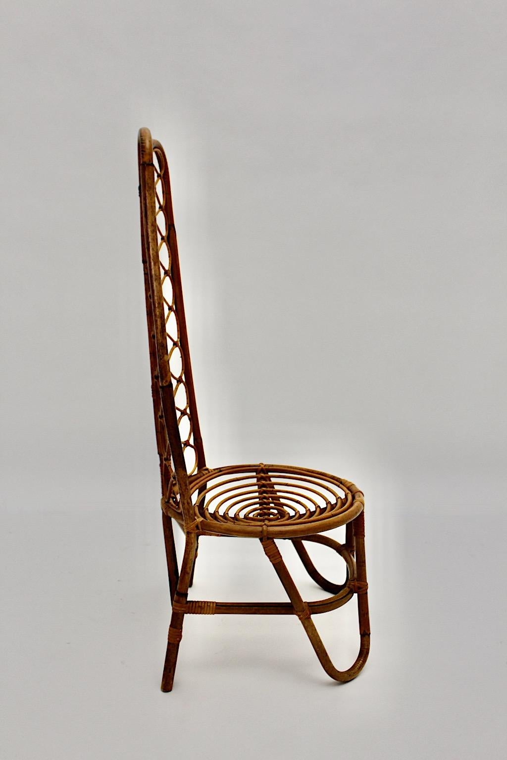 Mid-20th Century Riviera Style Organic Vintage Rattan Highback Side Chair Bonacina 1960s Italy