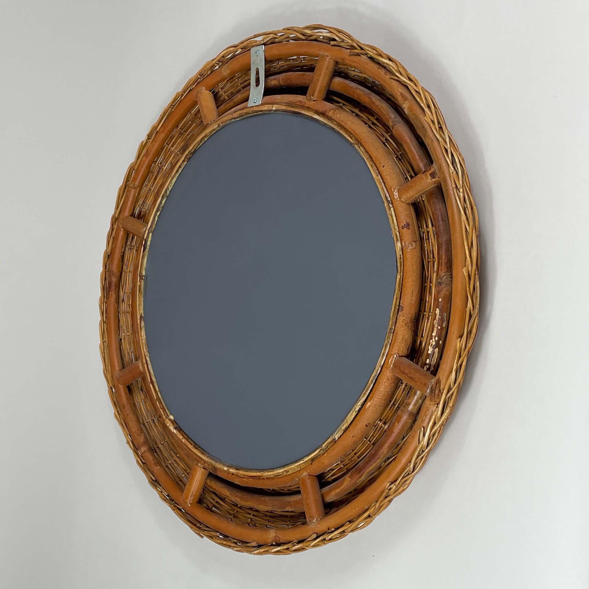 Riviera Style Round Woven Rattan Mirror, France 1950s For Sale 10