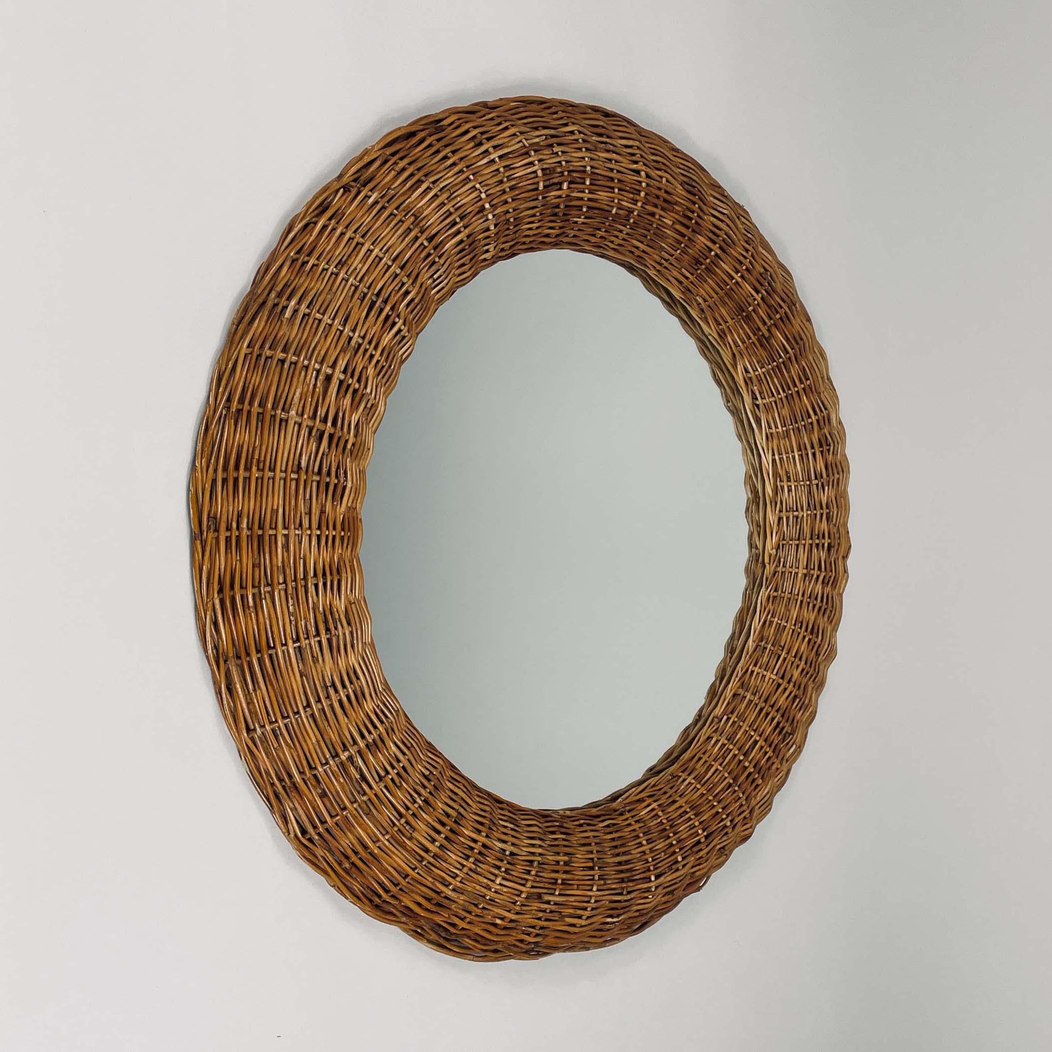 Riviera Style Round Woven Rattan Mirror, France 1950s For Sale 11