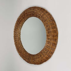 Riviera Style Round Woven Rattan Mirror, France 1950s