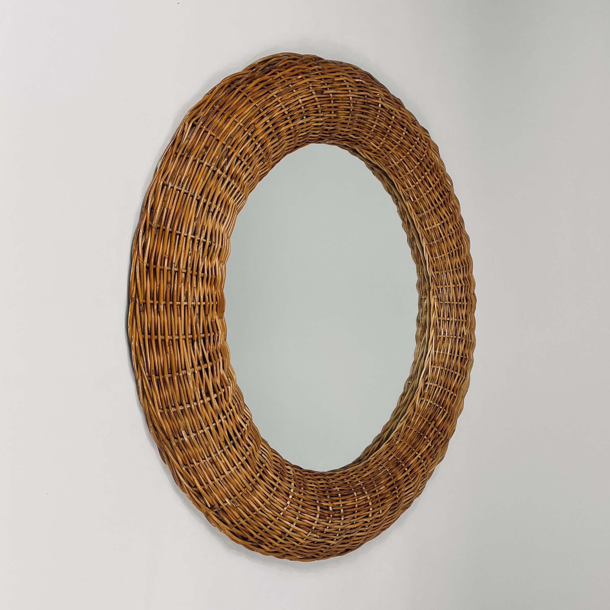 Mid-Century Modern Riviera Style Round Woven Rattan Mirror, France 1950s For Sale
